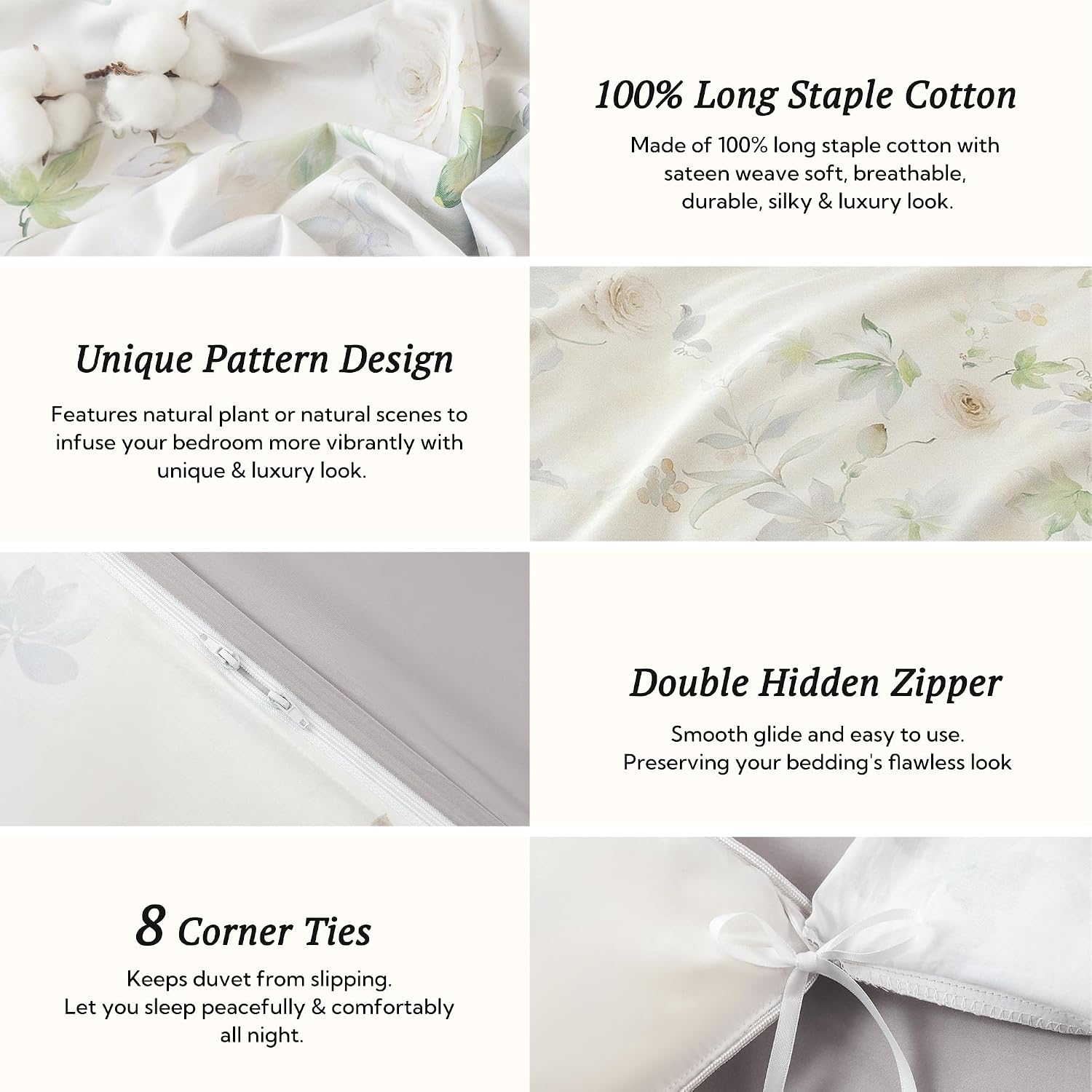MILDLY Cal King Duvet Cover Set - 100% Long-Staple Cotton Beige Floral Patten Reversible Comforter Cover - 3Pcs Soft Breathable Luxury Bedding for All Season