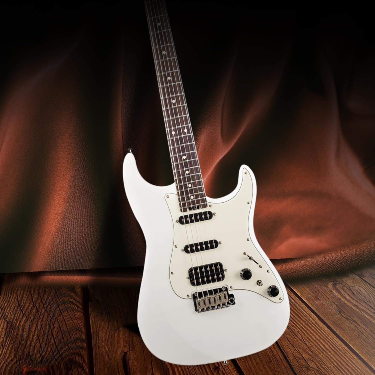 EART Electric Guitar DMX-9, 6 String Tremolo Bridge, Humbucker Pickups, Solid Body, 5-Way Switch Guitars (Gloss Pearl White)