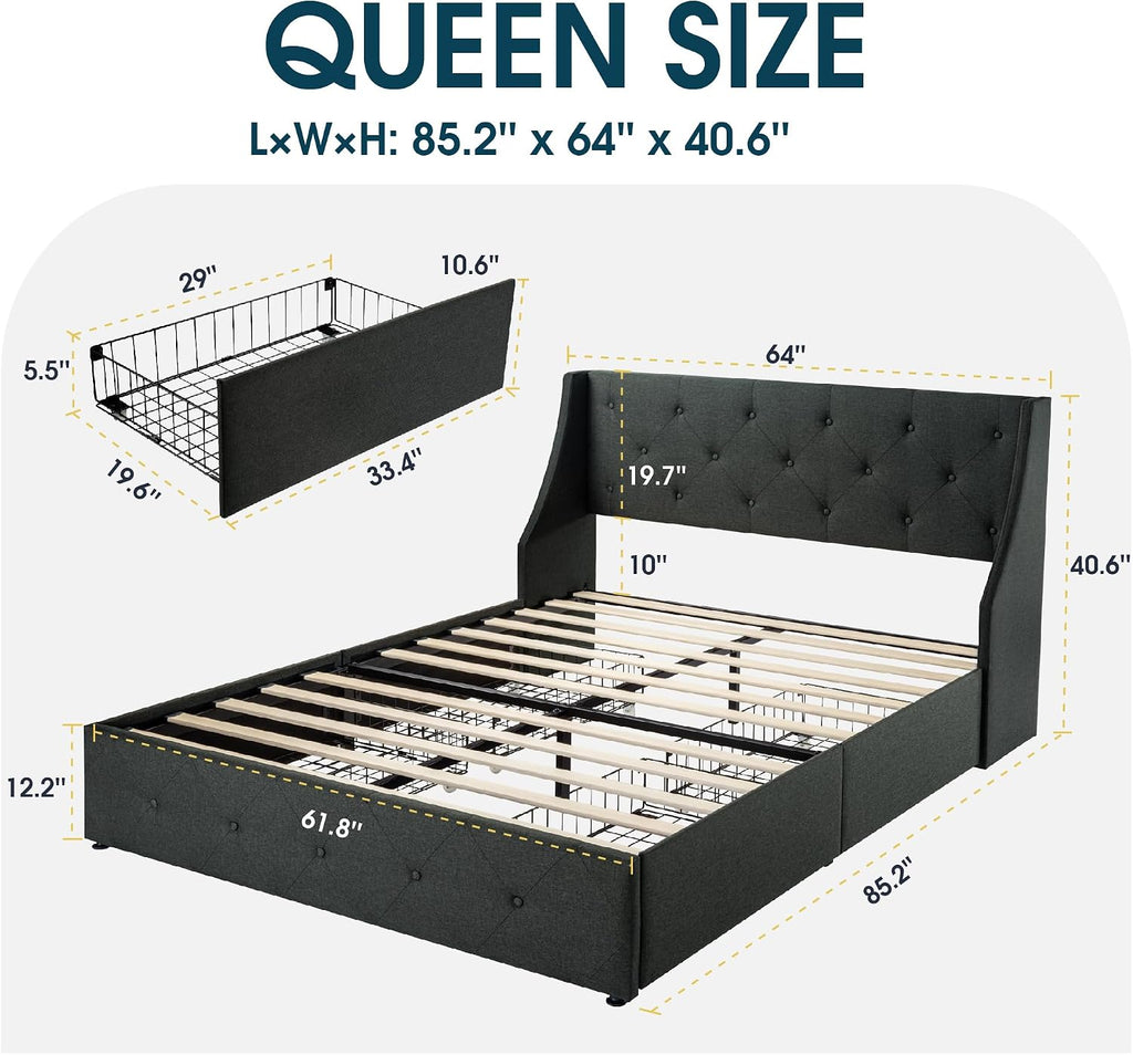 WEEWAY Upholstered Queen Size Bed Frame with 4 Storage Drawers and Wingback Headboard, Button Tufted Design, No Box Spring Needed, Easy Assembly, Dark Grey