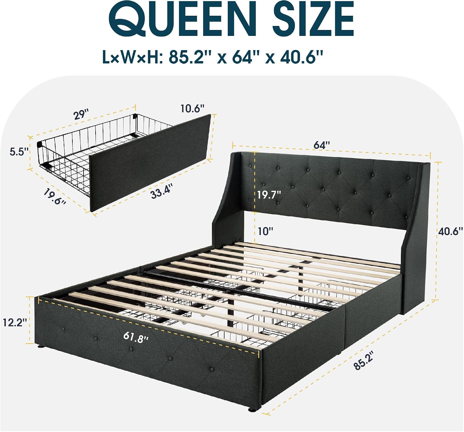 WEEWAY Upholstered Queen Size Bed Frame with 4 Storage Drawers and Wingback Headboard, Button Tufted Design, No Box Spring Needed, Easy Assembly, Dark Grey