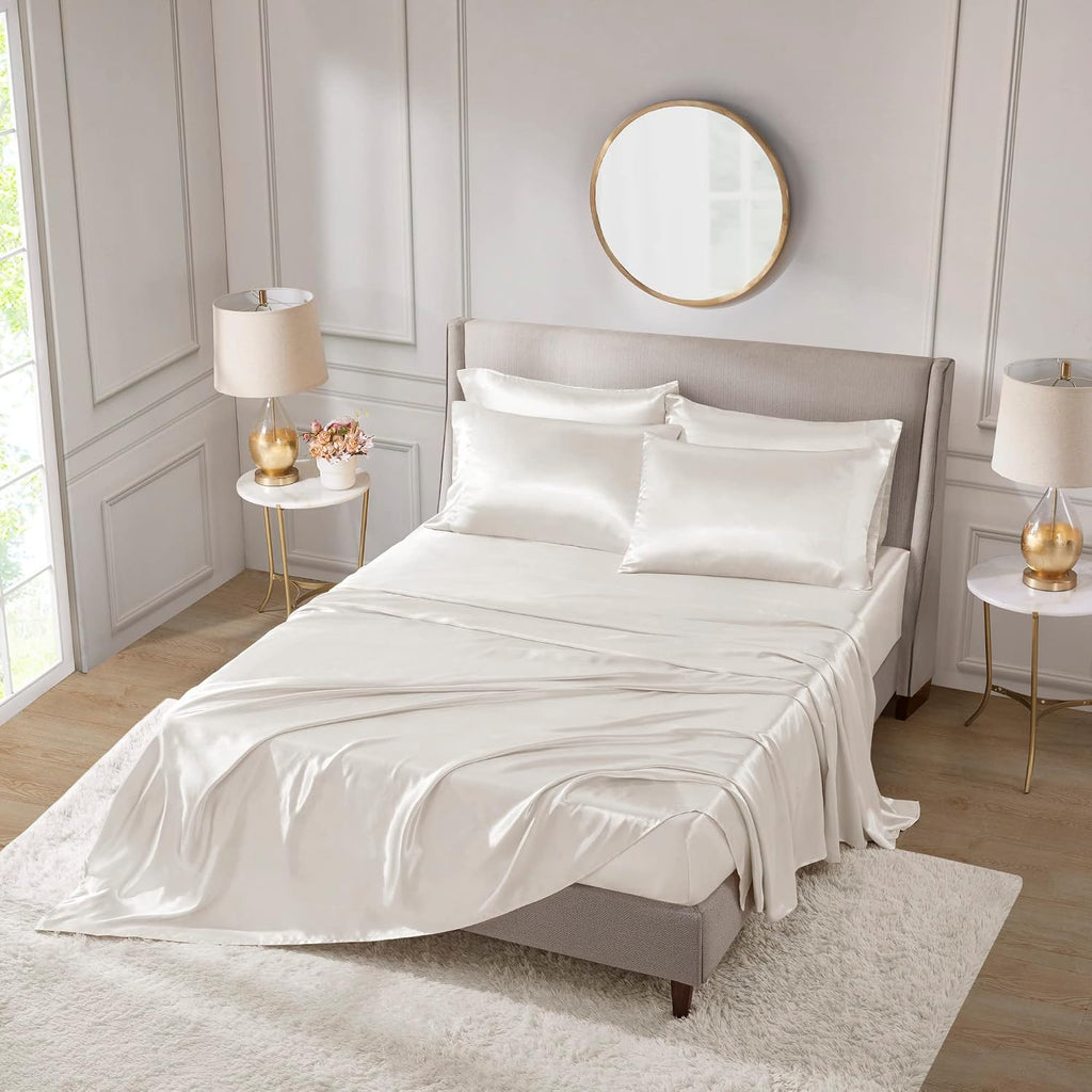 16 Momme 100% Mulberry Silk Bedding Set Full XL Size 4-Piece Luxury (2 Pillowcases, 1 Fitted Sheet, 1 Flat Sheet) - 6A Grade Natural Silk Fits 22-25' Deep Pocket (Solid, Ivory)