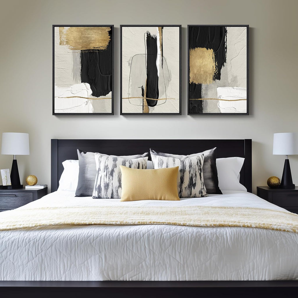 Large Framed Black and White Abstract Wall Art, 3 Piece Modern Canvas Prints Paintings Artwork for Walls, Minimalist Black Beige Gold Pictures for LIving Room Bedroom Office Wall Decor Total 30x60 In