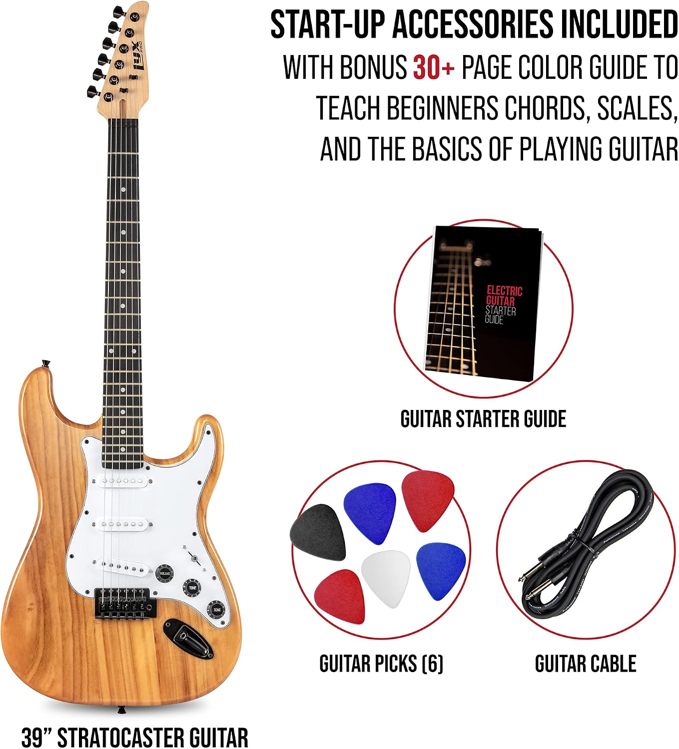LyxPro CS 39' Electric Guitar Kit for Beginner, Intermediate & Pro Players with Guitar, Amp Cable, 6 Picks & Learner's Guide | Solid Wood Body, Volume/Tone Controls, 5-Way Pickup - Natural