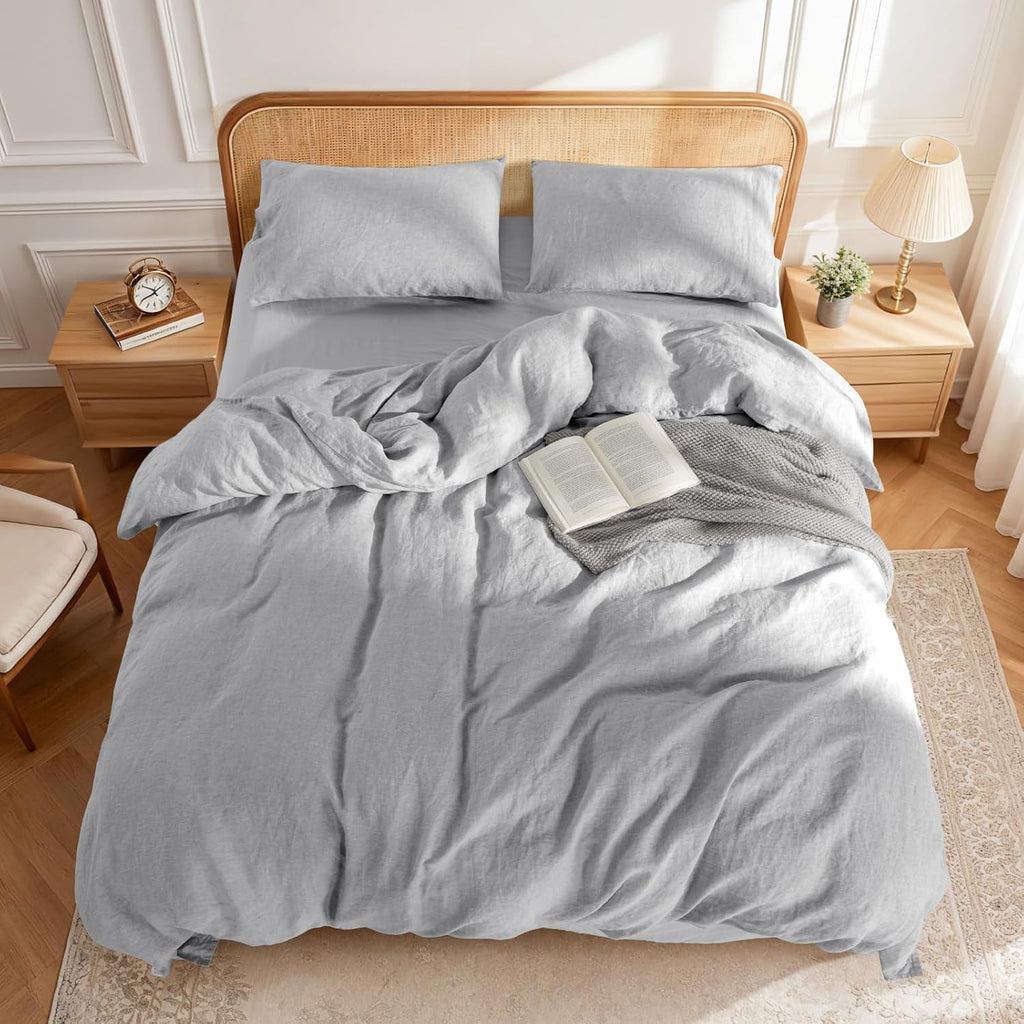 LBRO2M 100% France Linen Duvet Cover Set 3 Pcs Flax Comforter Cover with Zipper Closure 2 Pillowcase 1 Breathable Duvet Cover California King Size Gray