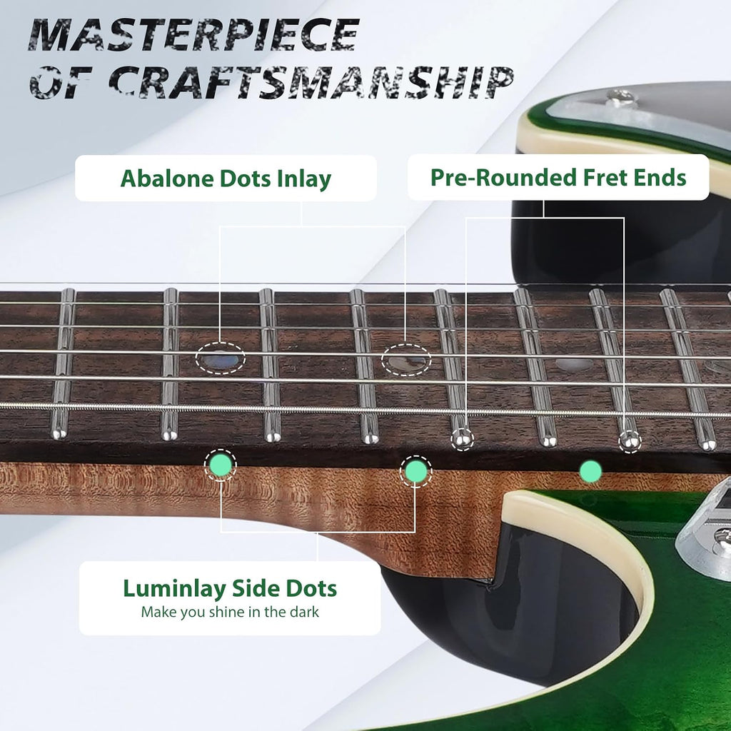 TOSTAR Electric Guitar with HSH Alnico 5 Pickups, Locking Tuners, Push-Pull Coil Split, Enhanced Sustain, Solid Body Electric Guitars for Advanced Players, Guitarra Electrica, Green