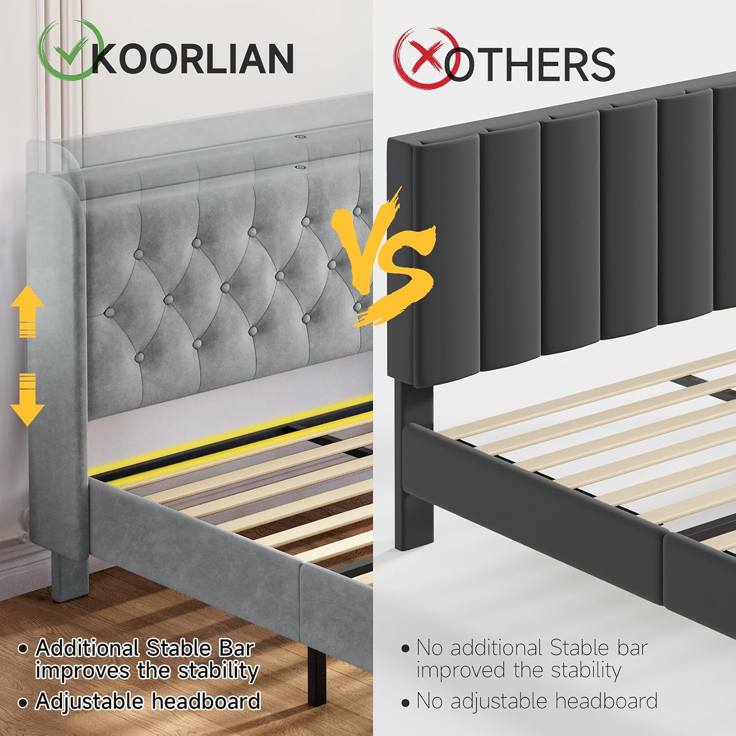koorlian Full Size Bed Frame, Full Bed Frame with Headboard, Adjustable Velvet Upholstered Bed Frame with Type-C&USB Port, Wingback Storage Headboard, Solid Wood Slats Support, Noiseless, Light Gray