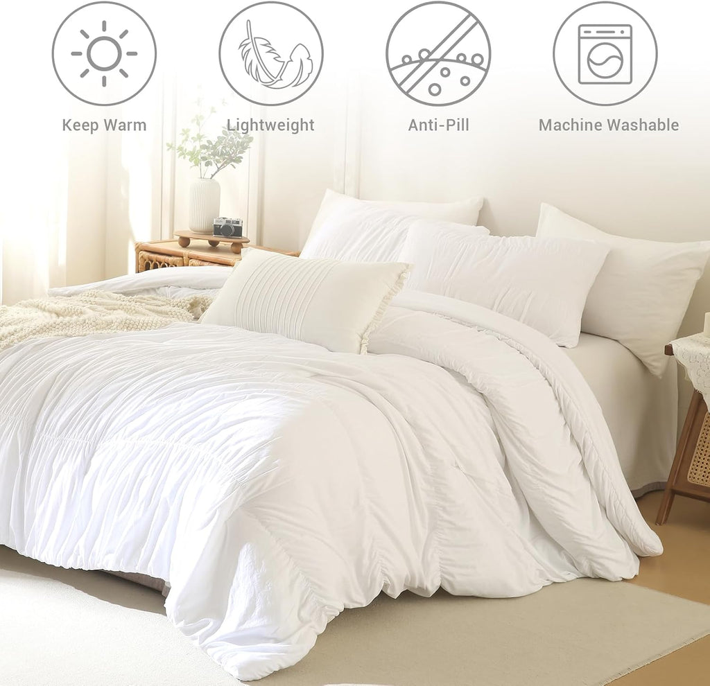 Lady Ann Oversized King Size Comforter Sets 128x120- White Ruched Bedroom Sets, Fluffy Bedding Comforter Sets, Soft & Luxurious All Season Bed Sets for Women Men, 3pcs