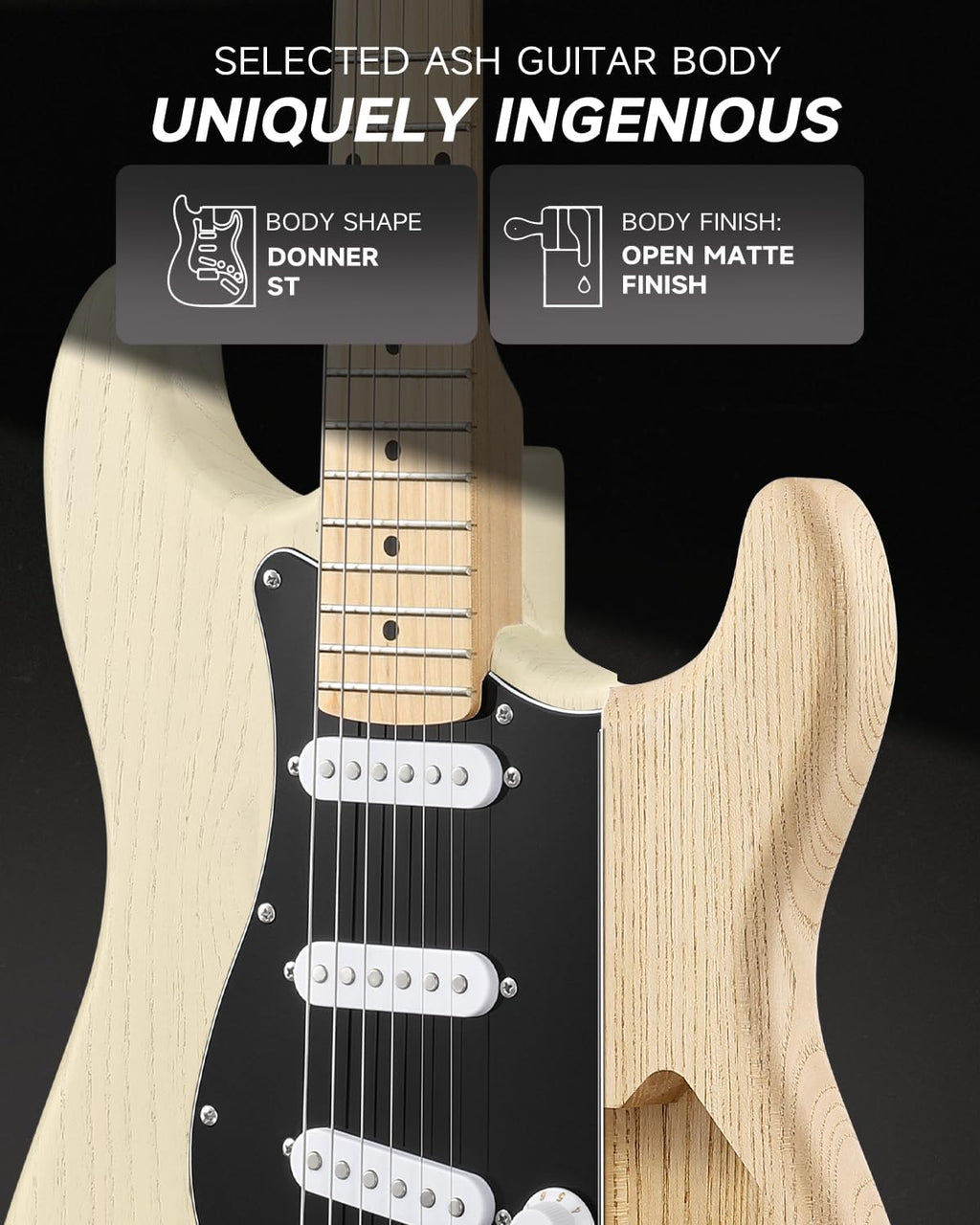 DONNER DST-80 Electric Guitar 39' Beginner Electric Guitar Kit with Amp, Classic SSS Pickup Complete with Gig Bag, Tuner, Capo, Strap, Picks, and Free Online Lessons, Bone White