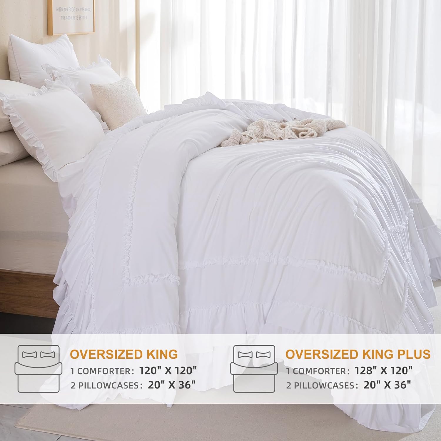 Masaca Oversized King Comforter 128x120,White Shabby Boho Chic Farmhouse Bedding Comforter with Ruffles,3 Pieces Vintage Lightweight and Soft French Country Bedding Set