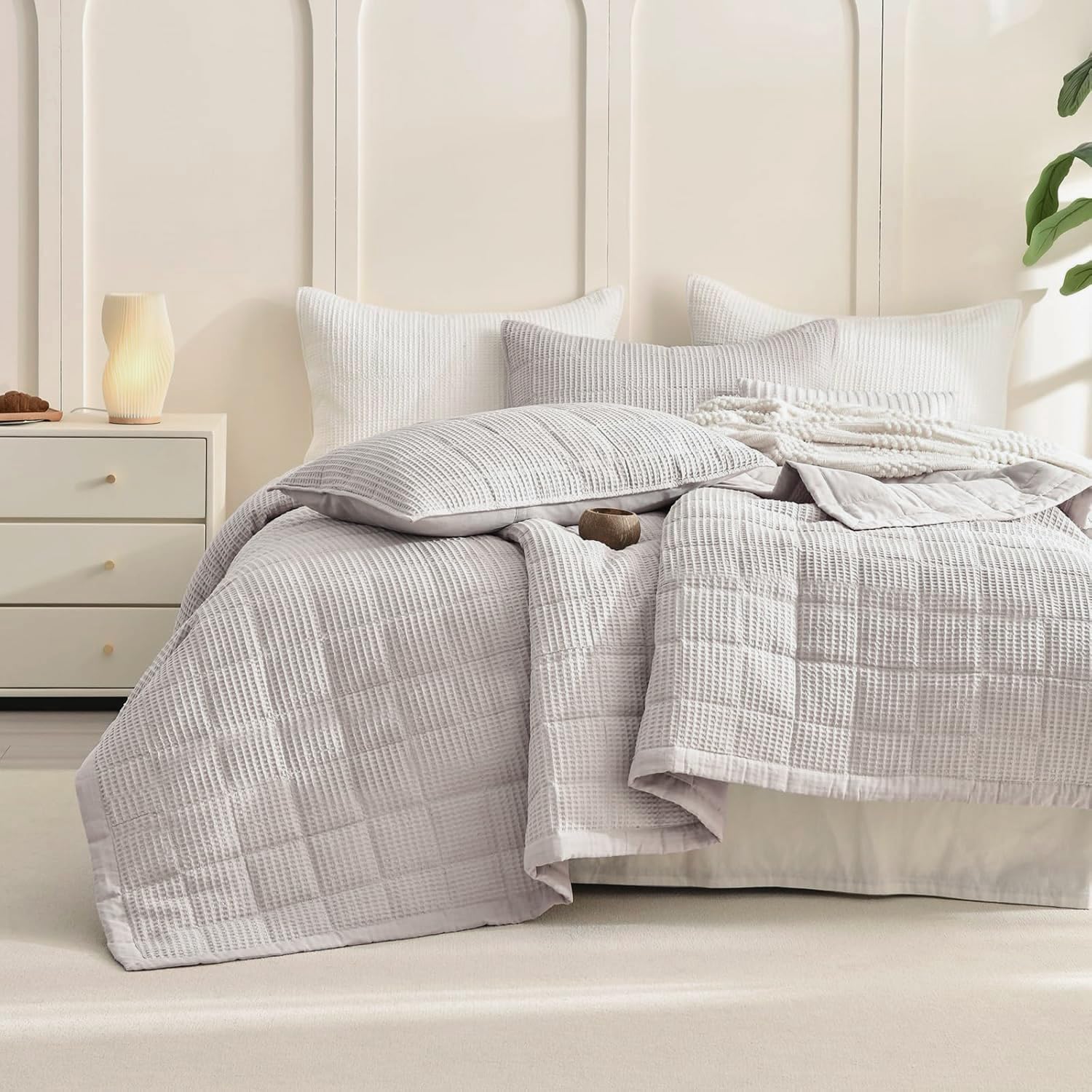 Sanracie Oversized King Quilt (120'x120'), Cotton Oatmeal Colored Waffle Quilt Bedding Set Extra Wide Large Luxury Aesthetic Bedspreads Soft Breathable Bedding Coverlet Sets 3 PCS