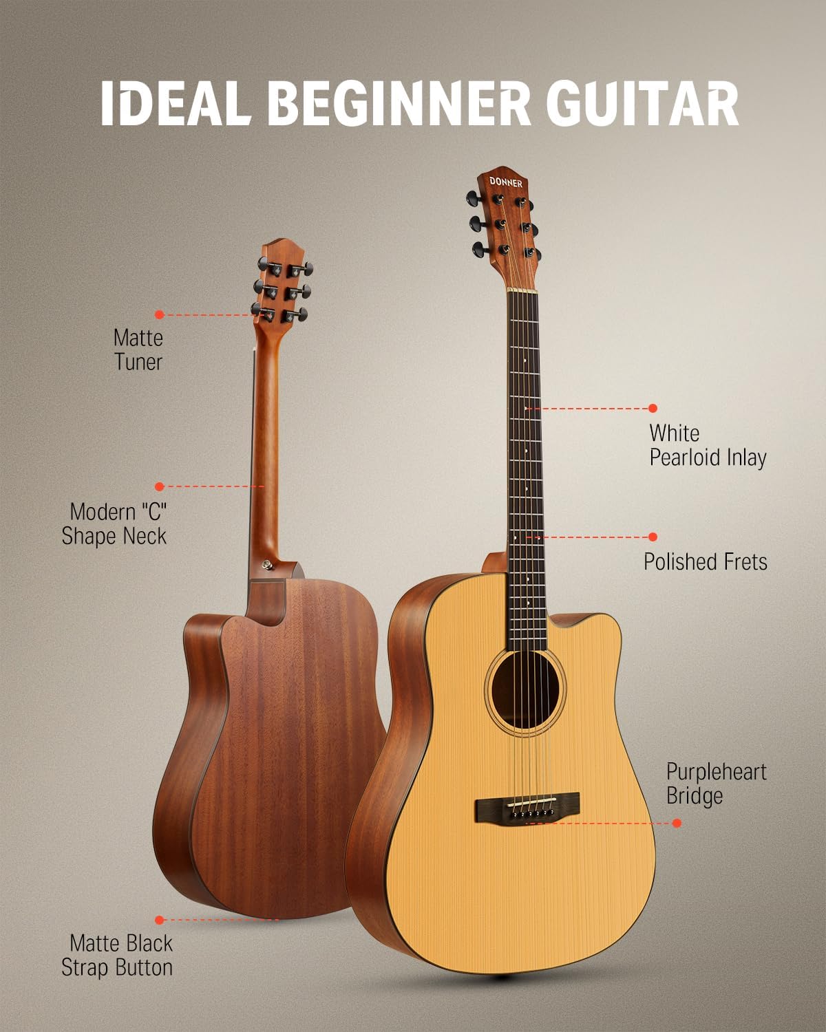 Donner 41' Acoustic Guitar Bundle for Beginners Adults with Online Lesson, 4/4 Full Size Steel Acustica Guitarra with Gig Bag, Tuner, Strap, Strings, Picks, Capos, Cutaway, Natural, DAG-1C/DAD-110C