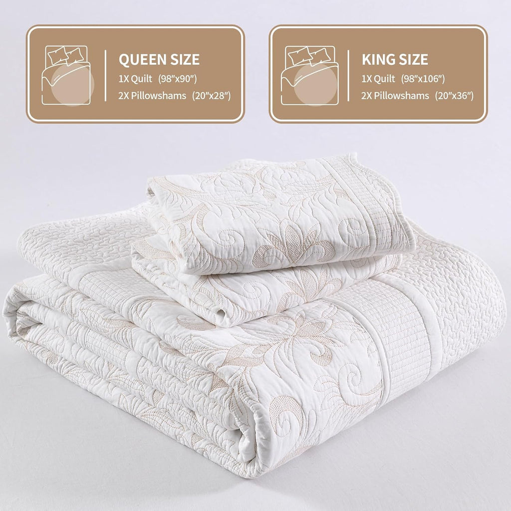 KALOOLA Embroidered Quilts Queen Size - 100% Cotton Lightweight Quilted Bedding Set 3 Pcs, Vintage Damask Pattern Bedspread with 2 Pillow Shams, Reversible Bed Coverlet for All Season, White/Beige