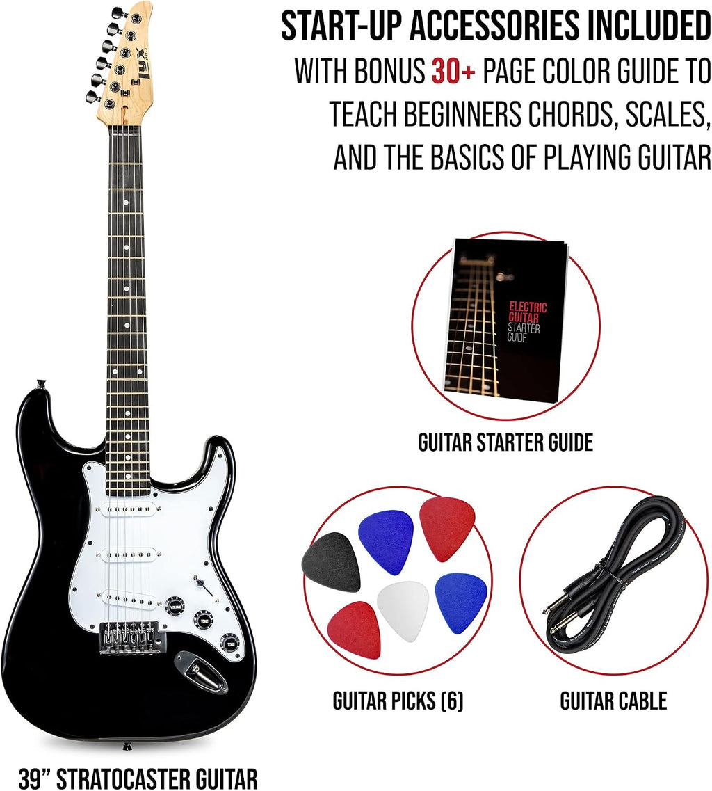 LyxPro CS 39' Electric Guitar Kit for Beginner, Intermediate & Pro Players with Guitar, Amp Cable, 6 Picks & Learner's Guide | Solid Wood Body, Volume/Tone Controls, 5-Way Pickup - Black