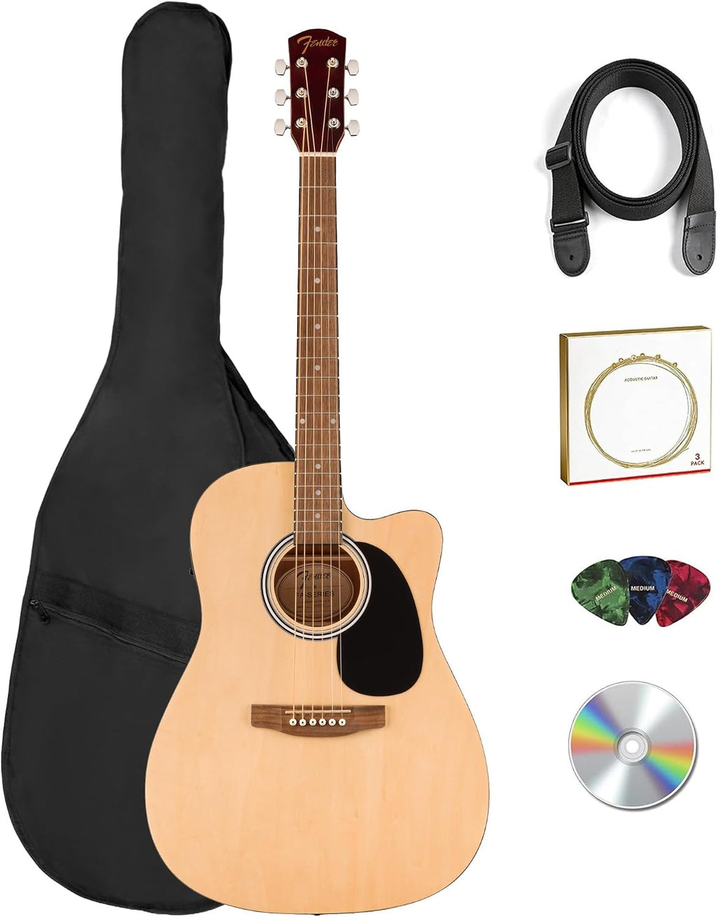 Fender FA Series Dreadnought Acoustic-Electric Guitar - Natural Bundle with Gig Bag, Strap, Strings, Picks, and Austin Bazaar Instructional DVD