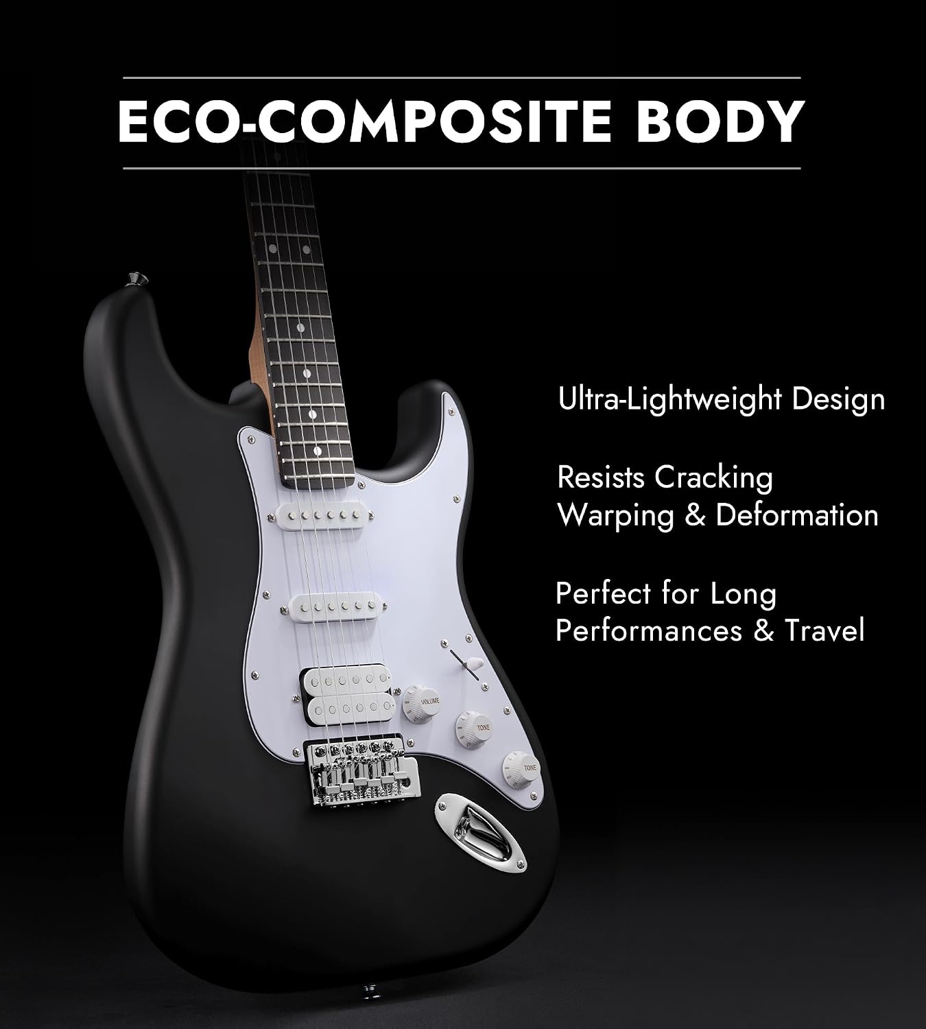 Tostar Beginner Electric Guitar, Solid Body, 39' Full Size Strat Style with HSS Pickups, 5-Way Switch, Tremolo Bridge, Maple Neck & Tectona Fretboard, Ideal for Beginners and Gifting, Black