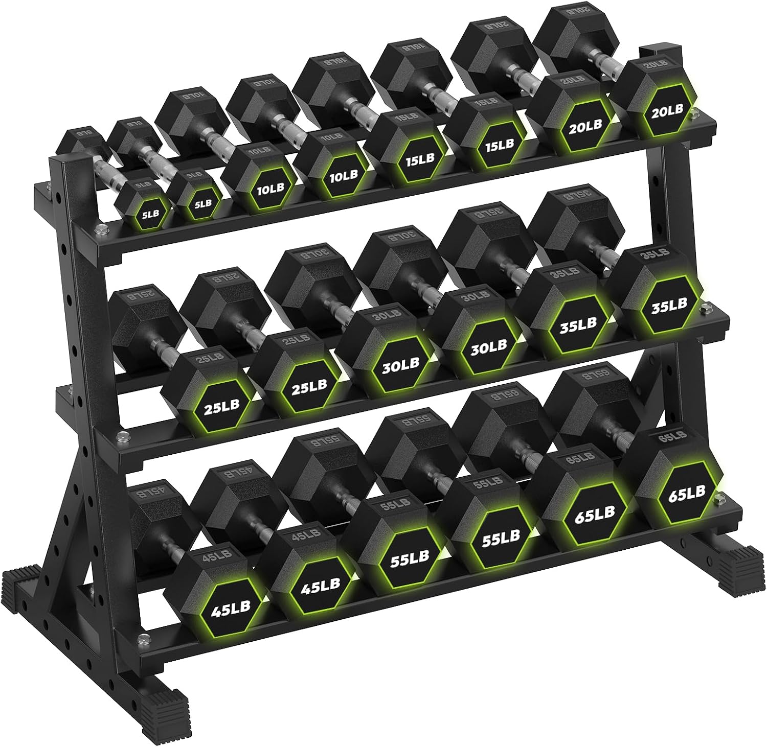 HANDBODE 3-Tier Dumbbell Rack Stand, 1000LB Capacity Storage Rack, Weight Rack for Dumbbells, Kettlebell, 390–700 lb Rubber Coated Fixed Weight Sets, Home Gym Strength Training Equipment