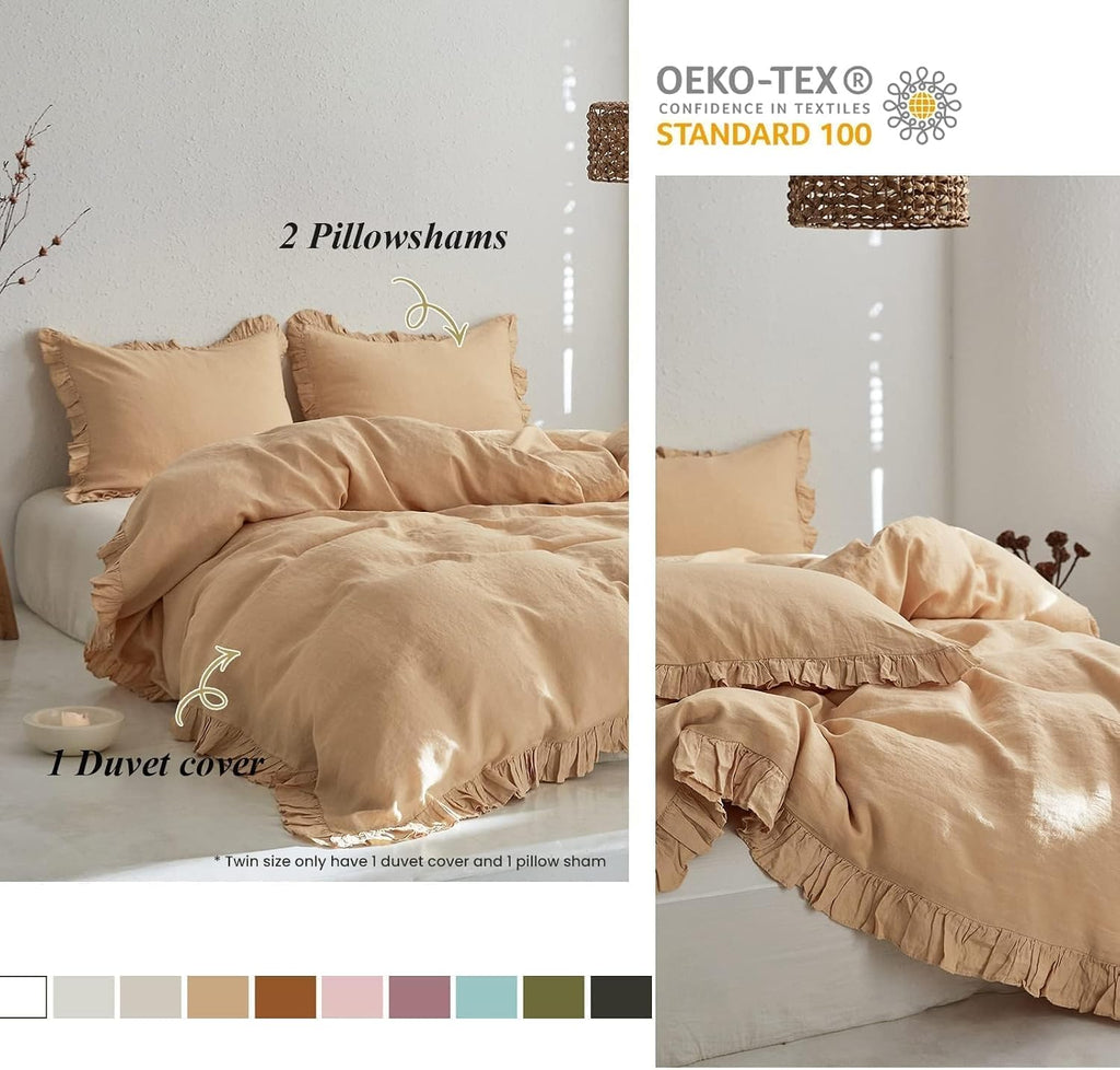 Simple&Opulence 100% Linen Duvet Cover Set, 3 PCS Natural French Flax Sand Ruffle Duvet Cover Full Size, Breathable Comfy Linen Bedding Comforter Cover with 2 Pillowcases (Sand, 78' X 86')