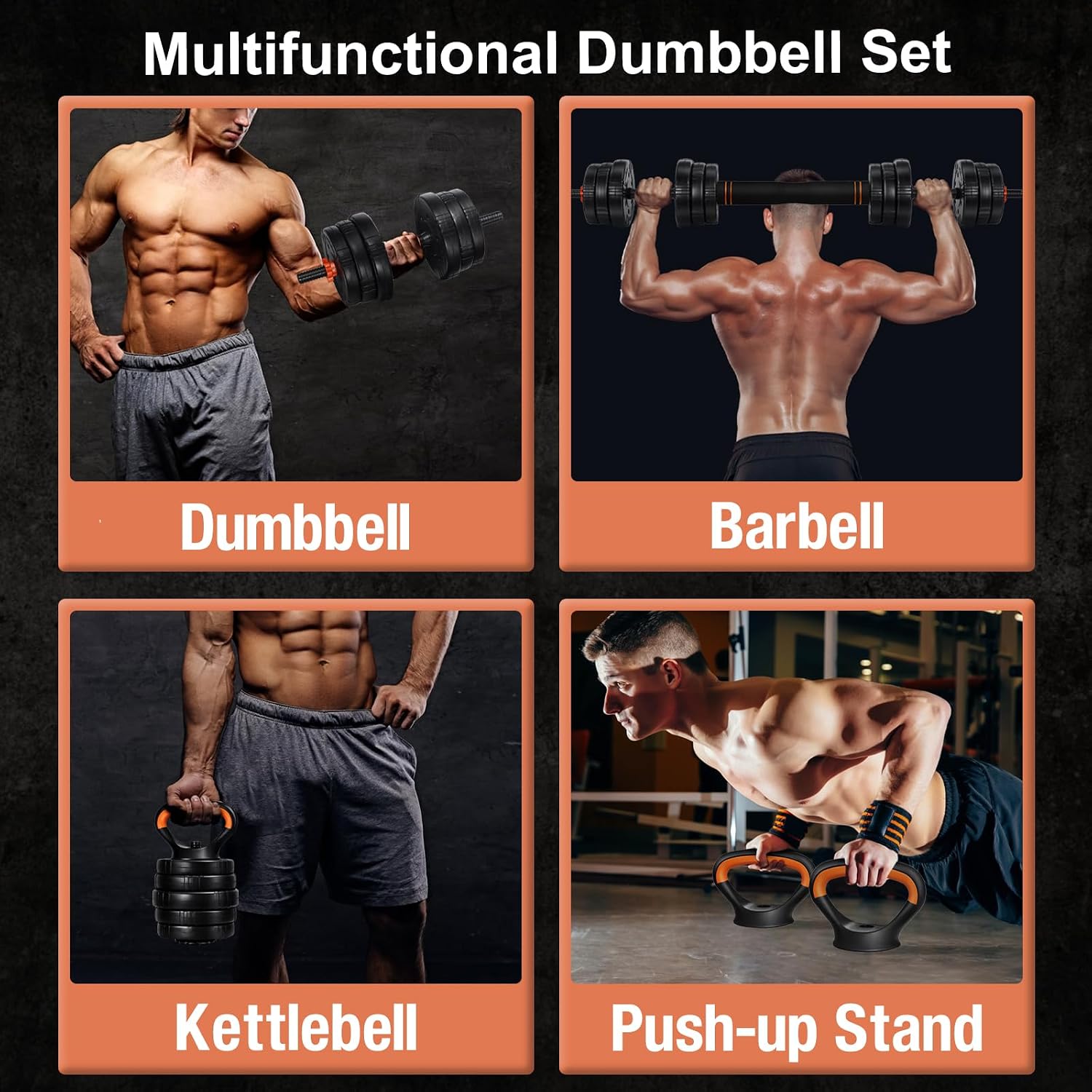 Adjustable Dumbbell Set, 22/44/66/88lbs Free Weights, 4-in-1 Barbell & Kettlebell Set, Non-slip Handles, Fitness for Men & Women