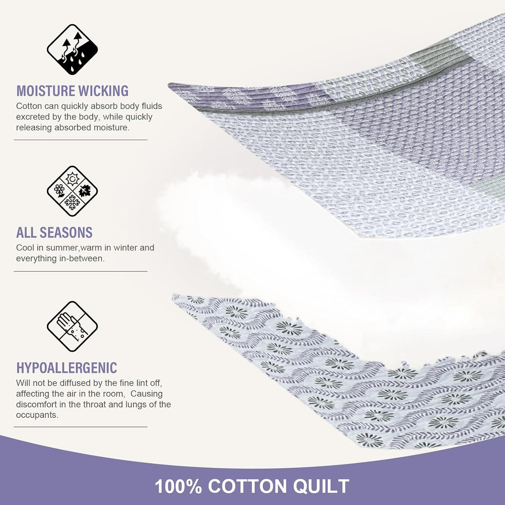 Y-PLWOMEN Quilts Queen Size, 100% Cotton Lightweight Soft Queen Quilt, Purple Grey White Quilted Bedspread, Patchwork Reversible Quilt Bedding Set All Season, 3-Pieces