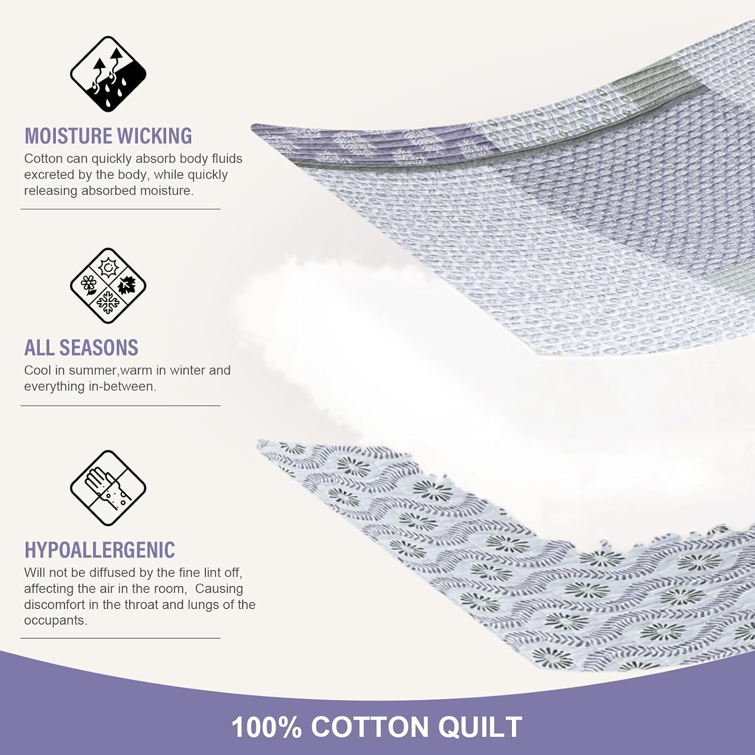 Y-PLWOMEN Quilts Queen Size, 100% Cotton Lightweight Soft Queen Quilt, Purple Grey White Quilted Bedspread, Patchwork Reversible Quilt Bedding Set All Season, 3-Pieces