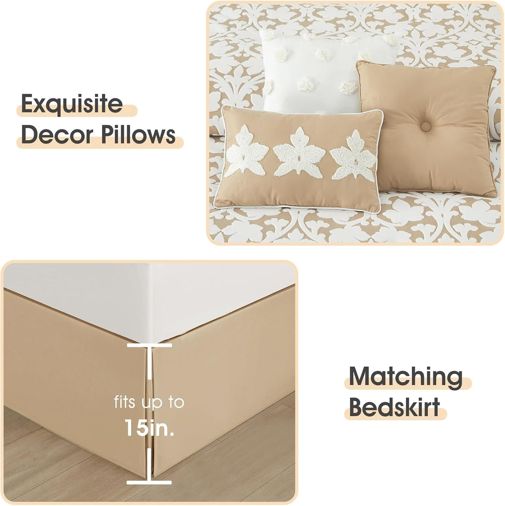 LANCO MODERN LIFESTYLE 7 Pieces Comforter Set, King, Khaki, Jacquard Floral Pattern and Classy Damask Medallion Design, Ultra Soft, Includes Bed Skirt, Shams, and Decorative Pillows