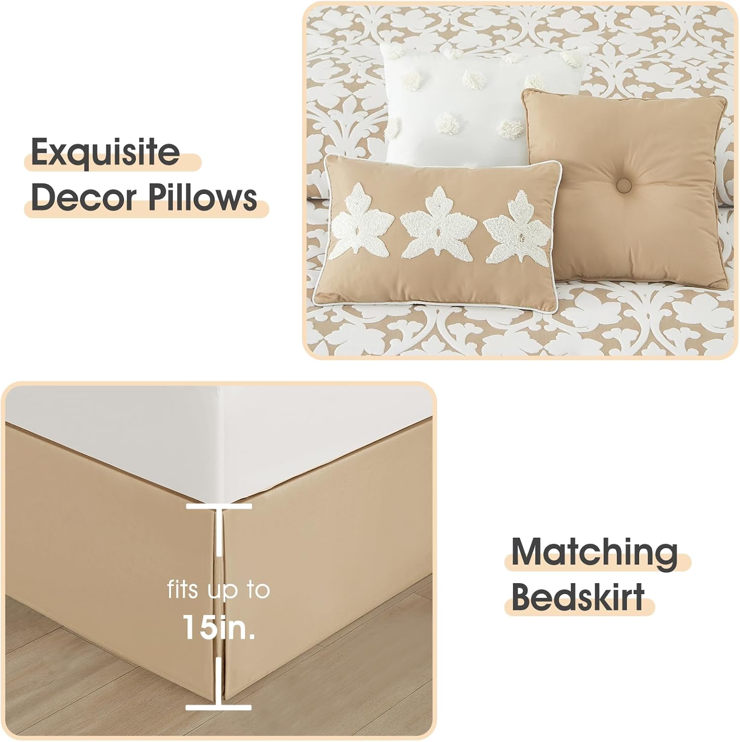 LANCO MODERN LIFESTYLE 7 Pieces Comforter Set, King, Khaki, Jacquard Floral Pattern and Classy Damask Medallion Design, Ultra Soft, Includes Bed Skirt, Shams, and Decorative Pillows