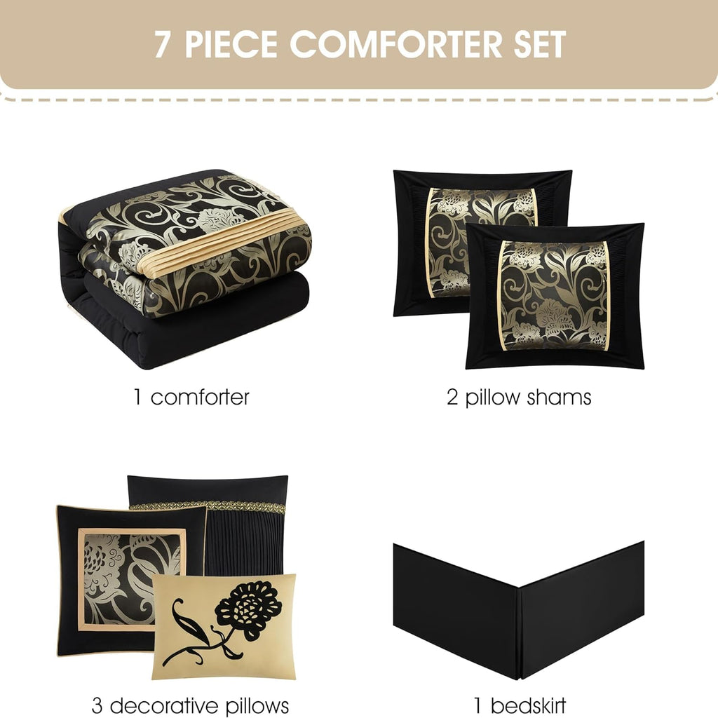 Stratford Park Jacquard 7-Piece Comforter Bedding Set Black, California King Floral Bedding Set, Matching Bedskirt, Pillows & Shams