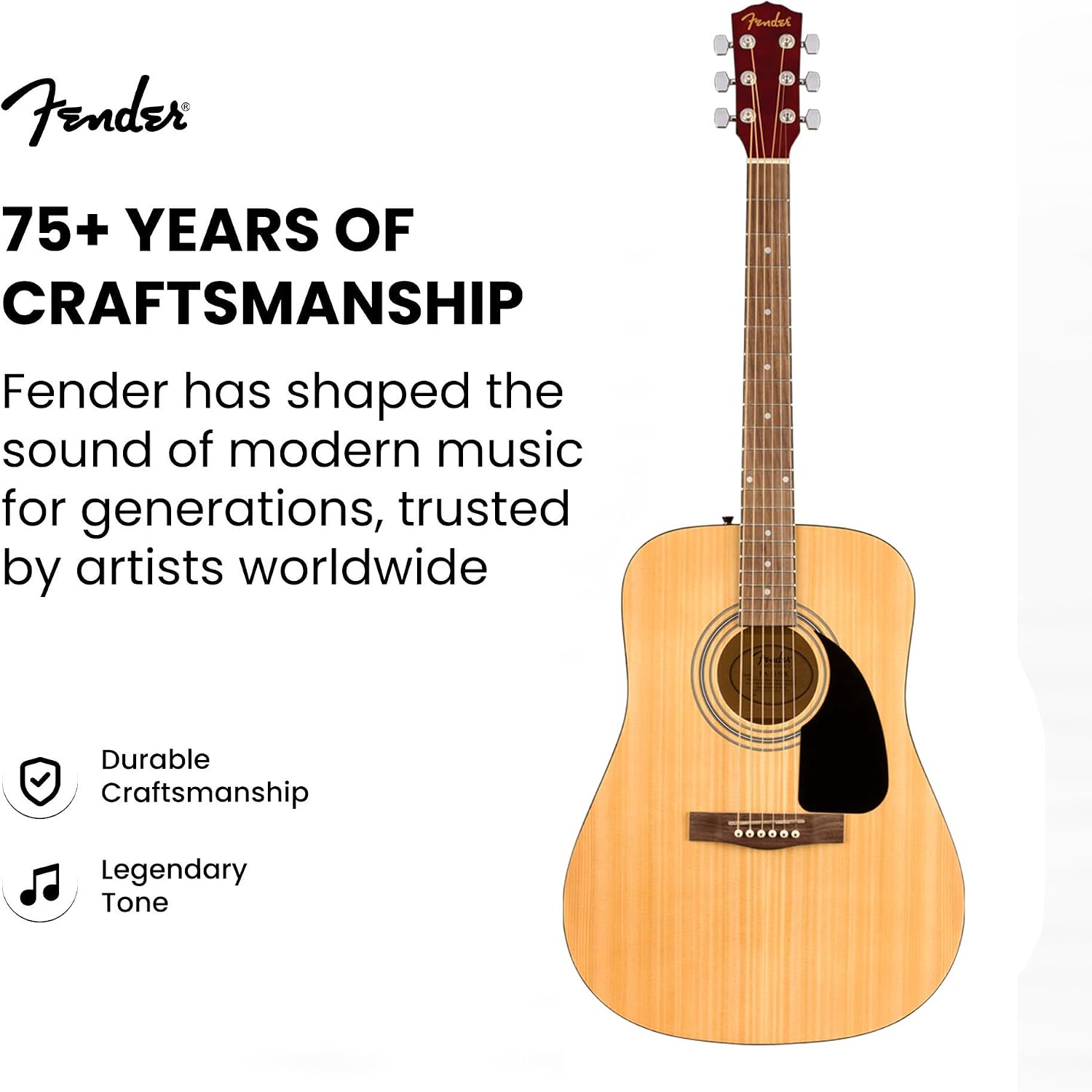 Fender Dreadnought Acoustic Guitar - Natural Bundle with Gig Bag, Tuner, Strings, Strap, and Picks