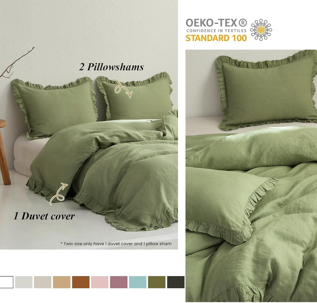 Simple&Opulence 100% Linen Duvet Cover Set, 3 PCS Natural French Flax Sage Green Ruffle Duvet Cover Queen Size, Breathable Comfy Linen Bedding Comforter Cover with 2 Pillowcases(Sage Green, 88' X 92')