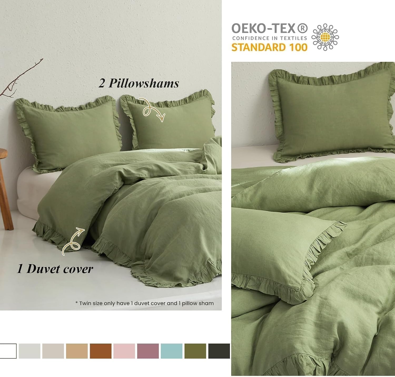 Simple&Opulence 100% Linen Duvet Cover Set, 3 PCS Natural French Flax Sage Green Ruffle Duvet Cover Queen Size, Breathable Comfy Linen Bedding Comforter Cover with 2 Pillowcases(Sage Green, 88' X 92')