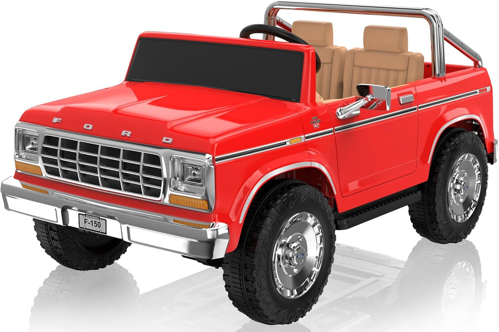 ANPABO Licensed Ford F-150 24V 2 Seater Ride on Car for Kids, 4x100W Motors for All-Terrain Electric Car w/Parental Remote, Retro Style, 3-Speeds, Large Storage Box, Music Player (Red-Orange)
