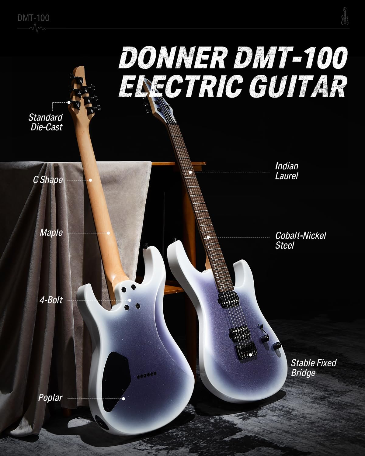 Donner Solid Body Electric Guitar, 39 Inch Metal Electric Guitar Beginner Kits with Bag, Strings, Strap, Cable, Strings Dampener for Rock Music Lover, DMT-100 (Gradient Violet)