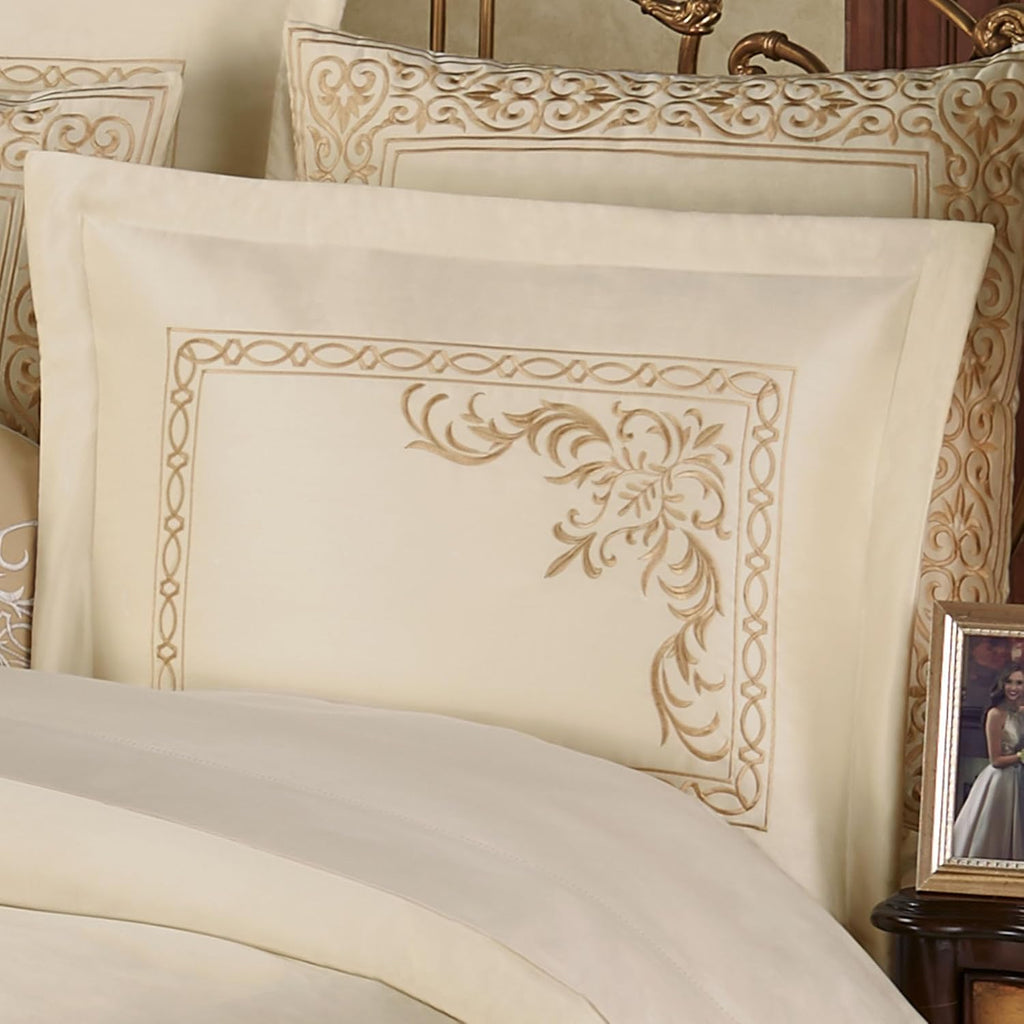Touch of Class Versailles Luxury Bedding | Classic Neutral Pearl | Palace-Inspired French Style Golden Scrollwork Embroidery on Sateen | Designed 3 Piece Set: Queen Bedspread & 2 Standard Shams