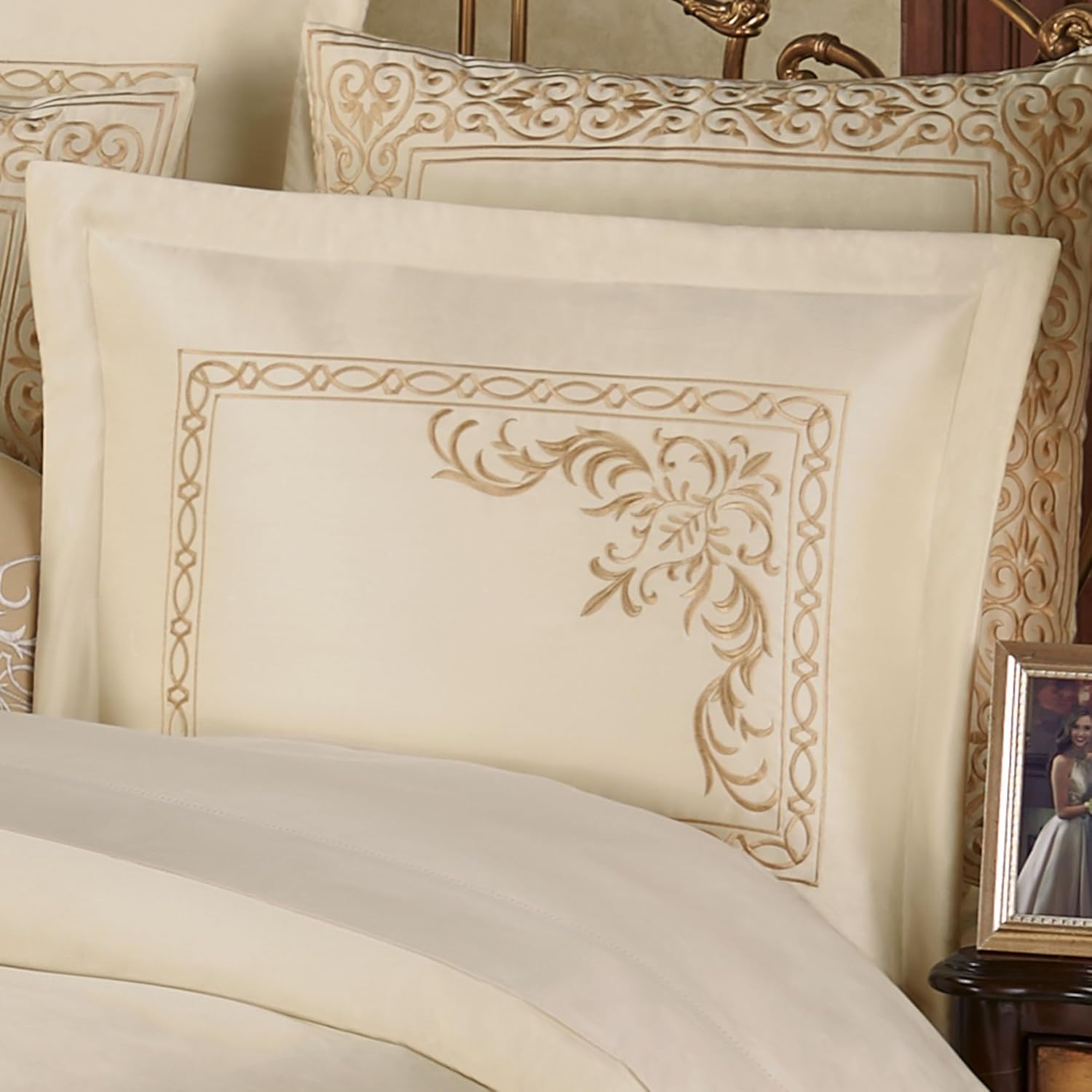 Touch of Class Versailles Luxury Bedding | Classic Neutral Pearl | Palace-Inspired French Style Golden Scrollwork Embroidery on Sateen | Designed 3 Piece Set: King Bedspread & 2 King Shams