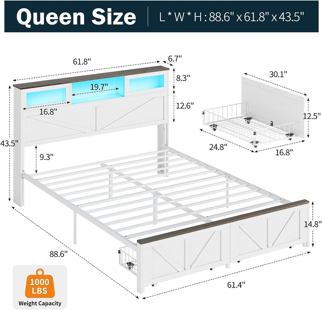 Yoobure Queen Bed Frame with Headboard, Bed Frame Queen Size with Charging Station, LED Beds with 2 Storage Drawers, Wood Farmhouse Bedframe Queen-Size, Noise-Free and No Box Spring Needed