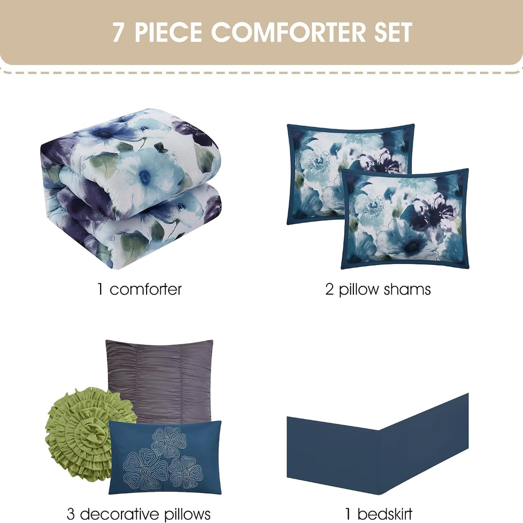 Stratford Park Colorful 7 Piece Comforter Set, Blue/Purple, Bed Size King, Wonderful, Matching Bedskirt, Pillows & Shams