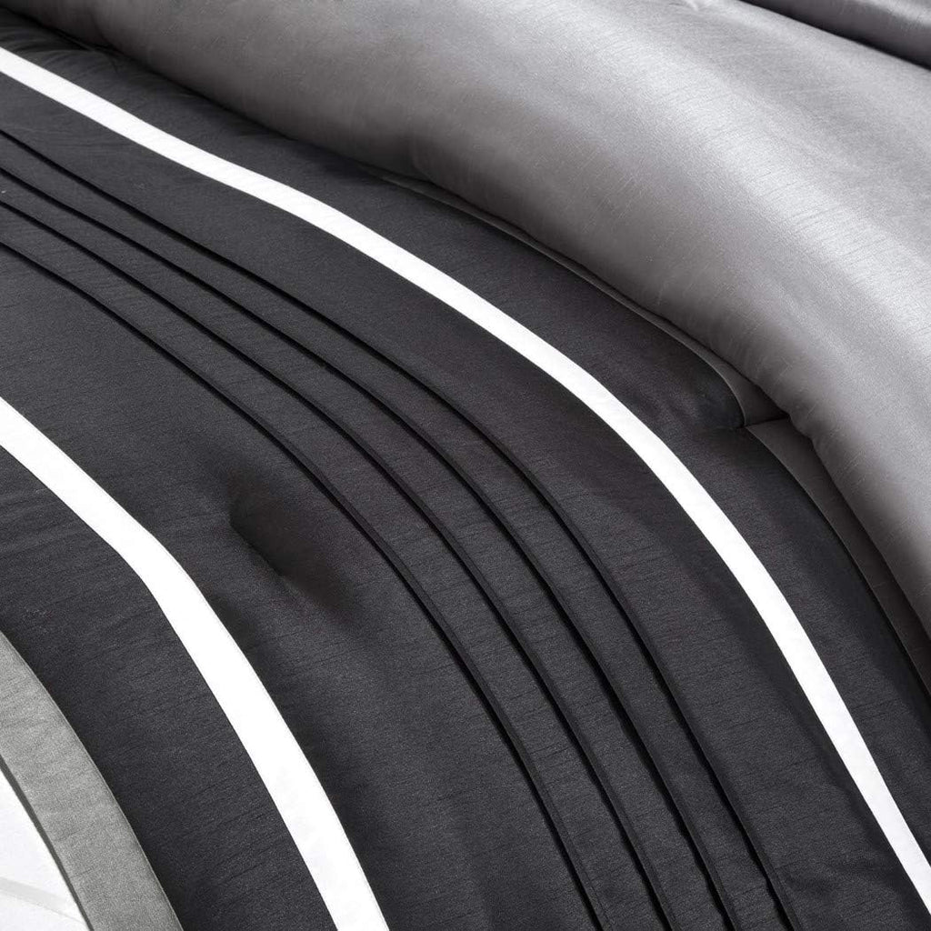 7 Piece Silver Grey Black Striped Comforter King Set, Gray White Adult Bedding Master Bedroom Stylish Patchwork Pintuck Pattern Elegant Themed Traditional Monochromatic Polyester Stripe