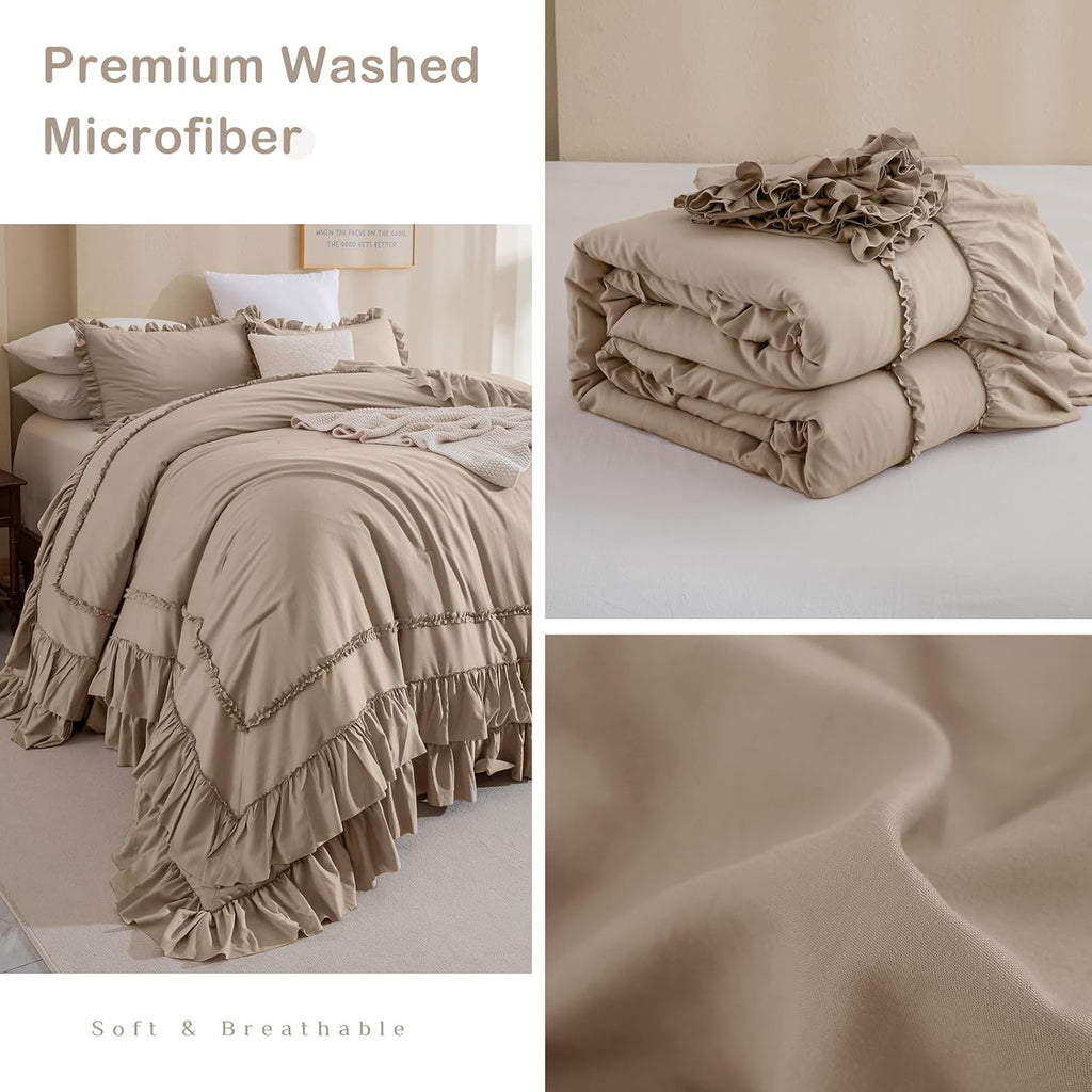 Masaca Oversized King Comforter 120x120,3 Pieces Farmhouse Ruffle Bedding Comforter,Light Taupe Shabby Boho Chic Oversized Comforter King Size,Lightweight Soft Microfiber Cal King Bedding Set