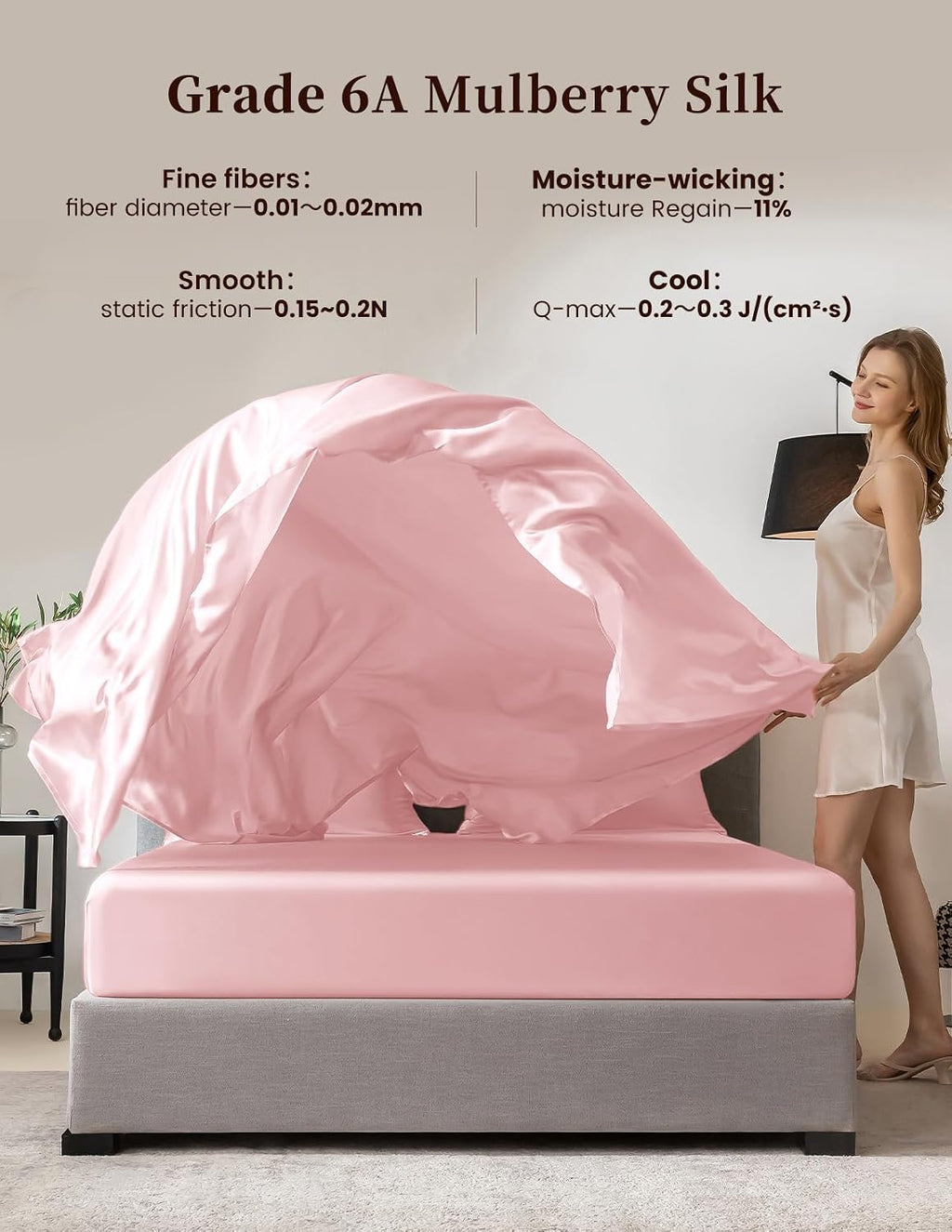 THXSILK 100% Mulberry Silk Bed Sheets Set - 4pcs Pure Silk Sheets Set - Flat Sheet, 16' Deep Pocket Fitted Sheet, 2 Pack Silk Pillowcase with Zipper Closure - Queen Size, Charming Pink
