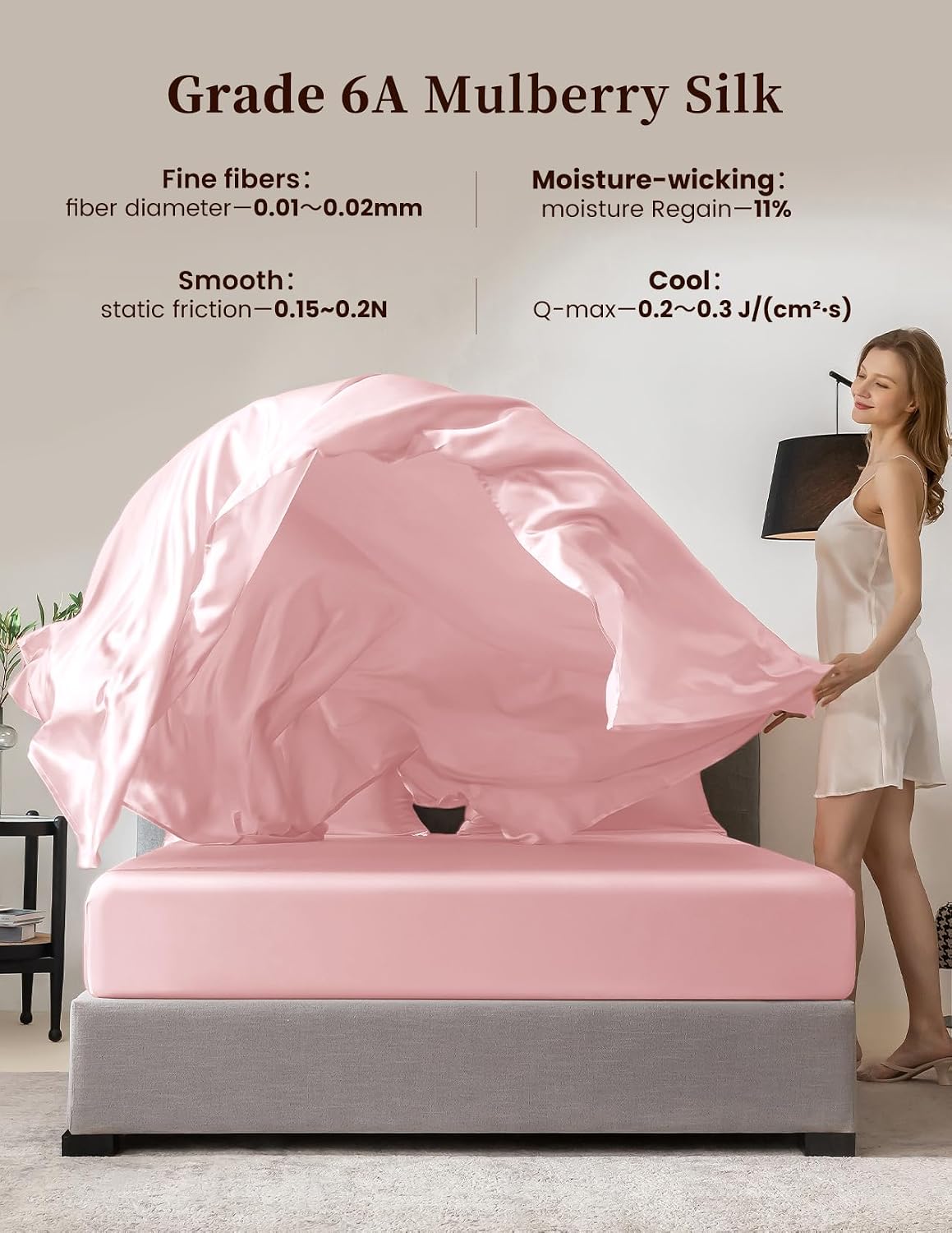 THXSILK 100% Mulberry Silk Bed Sheets Set - 4pcs Pure Silk Sheets Set - Flat Sheet, 16' Deep Pocket Fitted Sheet, 2 Pack Silk Pillowcase with Zipper Closure - Queen Size, Charming Pink