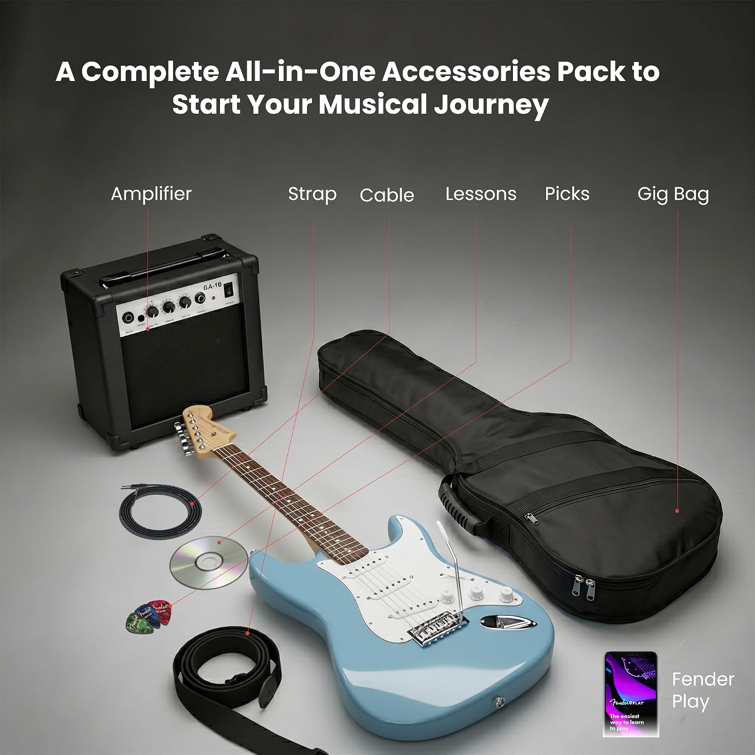 Fender Squier Stratocaster Electric Guitar - Daphne Blue Bundle with Amplifier, Gig Bag, Cable, Strap, Picks, and Austin Bazaar Instructional Video