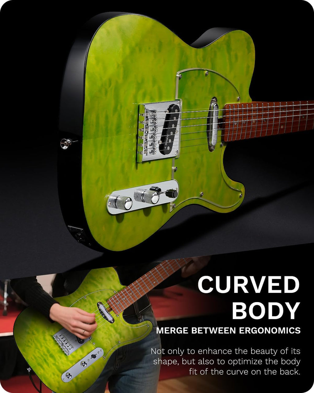 Leo Jaymz TL Electric Guitar - Ocean Maple Top, Mahogany Body, Maple Neck - Alnico V Pickups, Locking Tuners- Solid Choice for Beginners & Intermediate Players (Green Ocean)