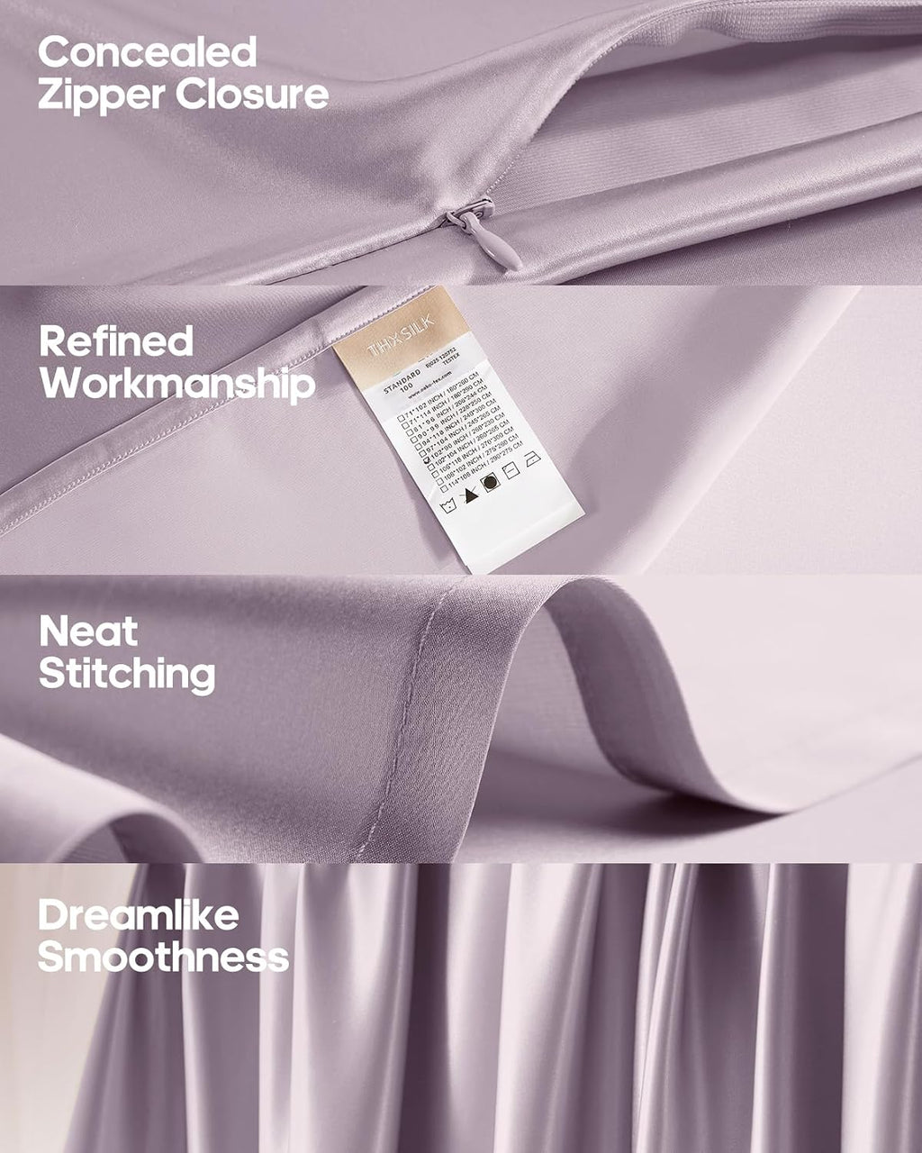 THXSILK Silk Sheet Set 4 Pcs, Queen Size Sheet Set, Soft Breathable Cooling Bed Sheets with 1 Flat Sheet, 1 Fitted Sheet, 2 Pillowcases with Zipper Closure, Light Purple