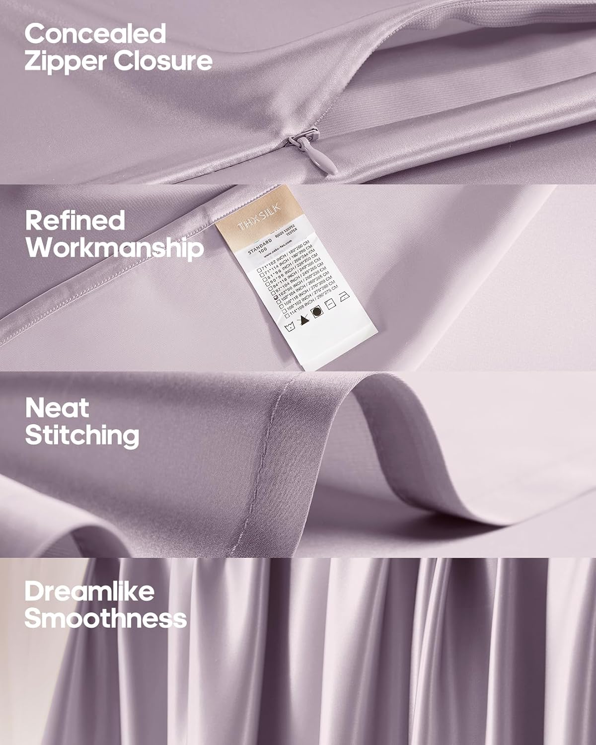 THXSILK Silk Sheet Set 4 Pcs, Queen Size Sheet Set, Soft Breathable Cooling Bed Sheets with 1 Flat Sheet, 1 Fitted Sheet, 2 Pillowcases with Zipper Closure, Light Purple
