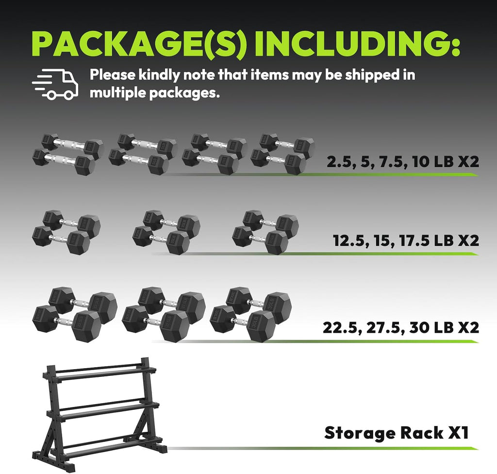 HANDBODE Hex Dumbbell Set with Rack, 300-840 lb Rubber Coated Fixed Weights Sets with Heavy Duty Storage Stand, Hexagon Shape, Multiple Weight Options Home Gym Equipment for Strength Training