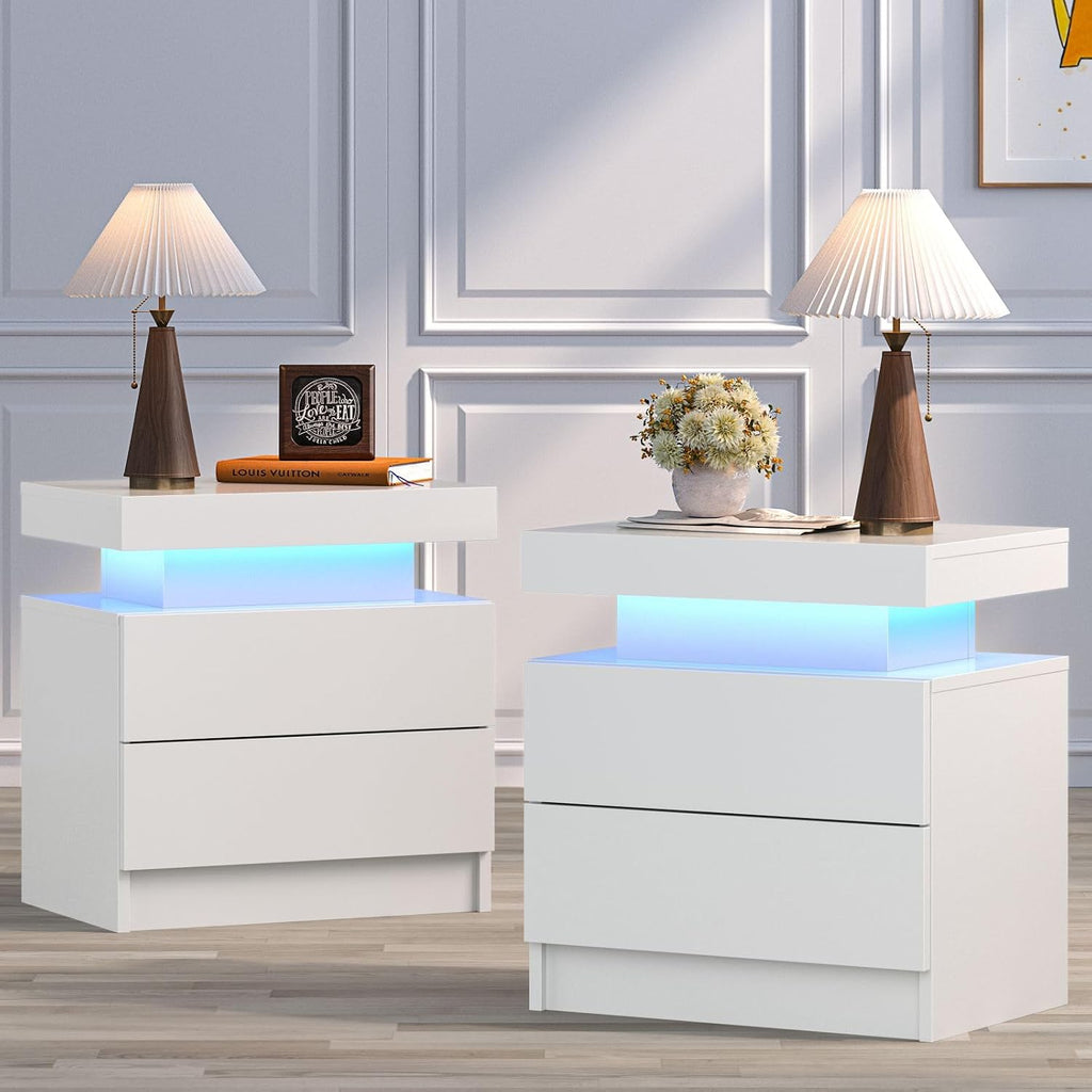 Bingoday Nightstand Set of 2 LED Nightstand with 2 Drawers, Bedside Table with Drawers for Bedroom Furniture, Side Bed Table with LED Light