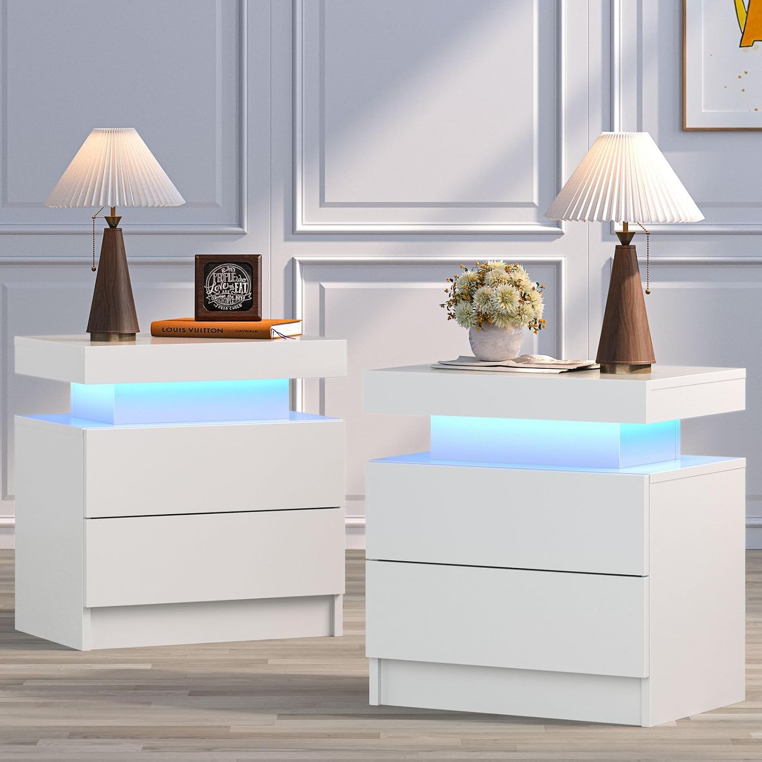 Bingoday Nightstand Set of 2 LED Nightstand with 2 Drawers, Bedside Table with Drawers for Bedroom Furniture, Side Bed Table with LED Light