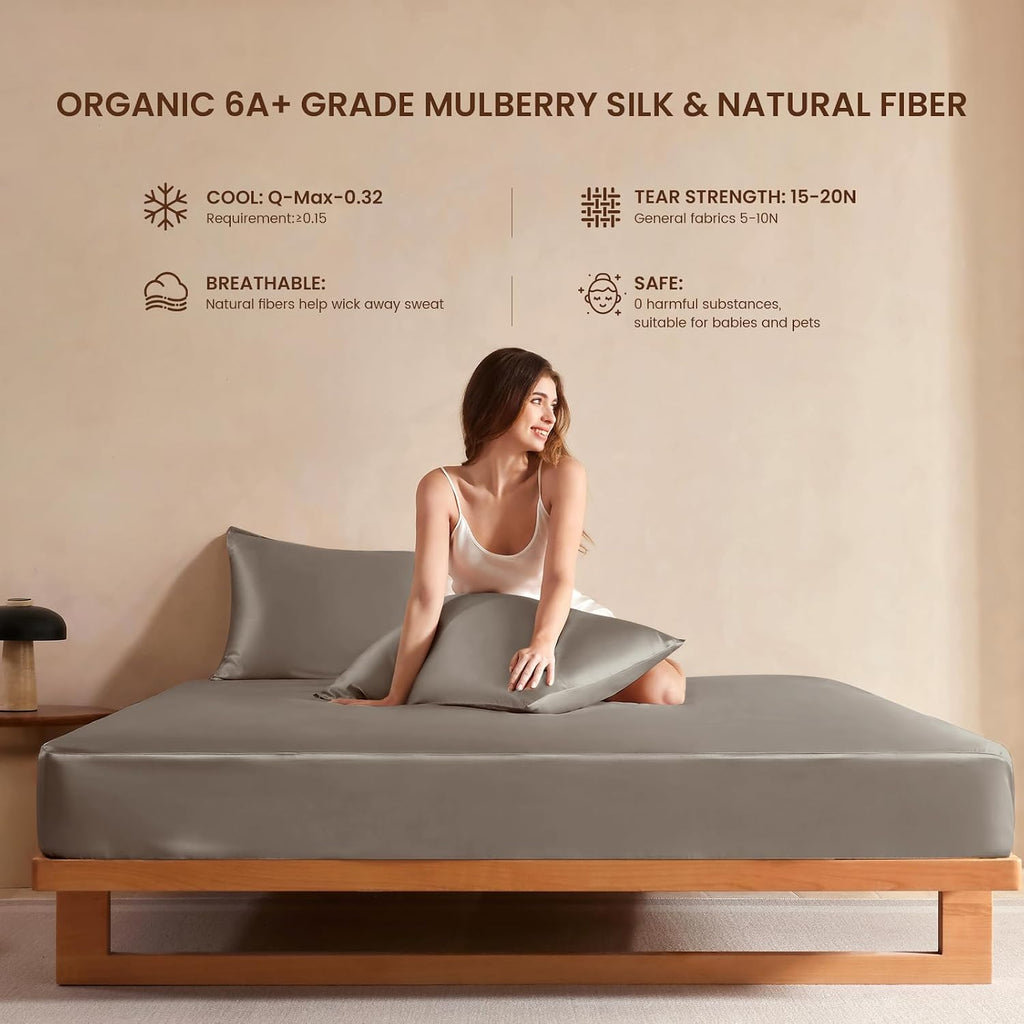 THXSILK Luxury Mulberry Silk Fitted Sheet Set 3 Pcs, King Silk Bed Sheet Set with 16' Deep Pockets, Soft & Cooling Sheets, 1 Fitted Sheet, 2 Pillowcases with Zipper Closure - Charcoal