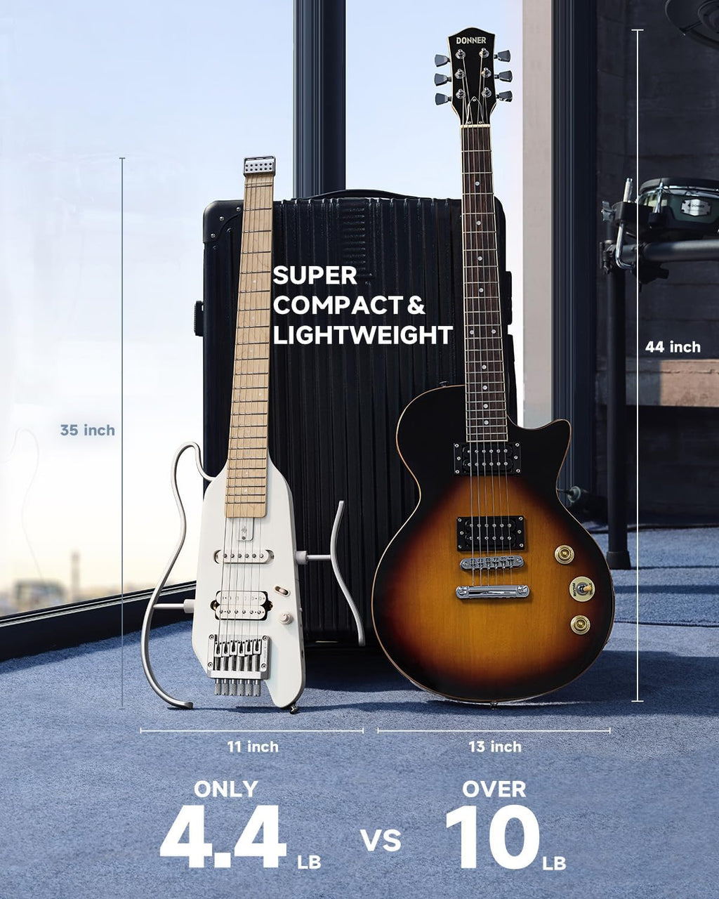 Donner HUSH-X Electric Guitar Kit - Featherlight Travel Guitar with Easy Assemble Stands, Great for Travel and Practice, Mahogany Solid Body, Gig Bag, All Accessories, Metallic White