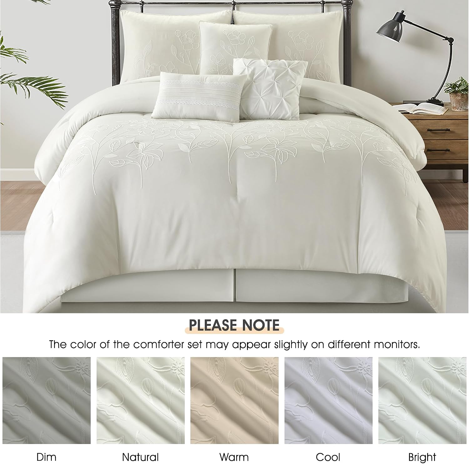 LANCO MODERN LIFESTYLE Beige Queen Comforter Set, Chain Stiching 3D Floral Embroidery, Exquisite and Elegant Bedding Sets, 7 Pieces Bed in a Bag, Bedskirt, Pillow Shams and Decor Pillows